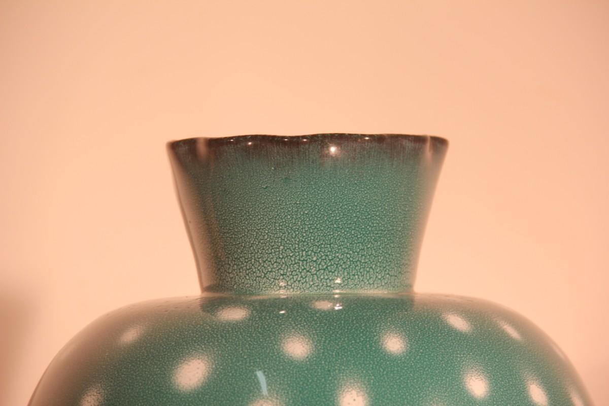 Italian great vase ceramic design 1950 green, white points.