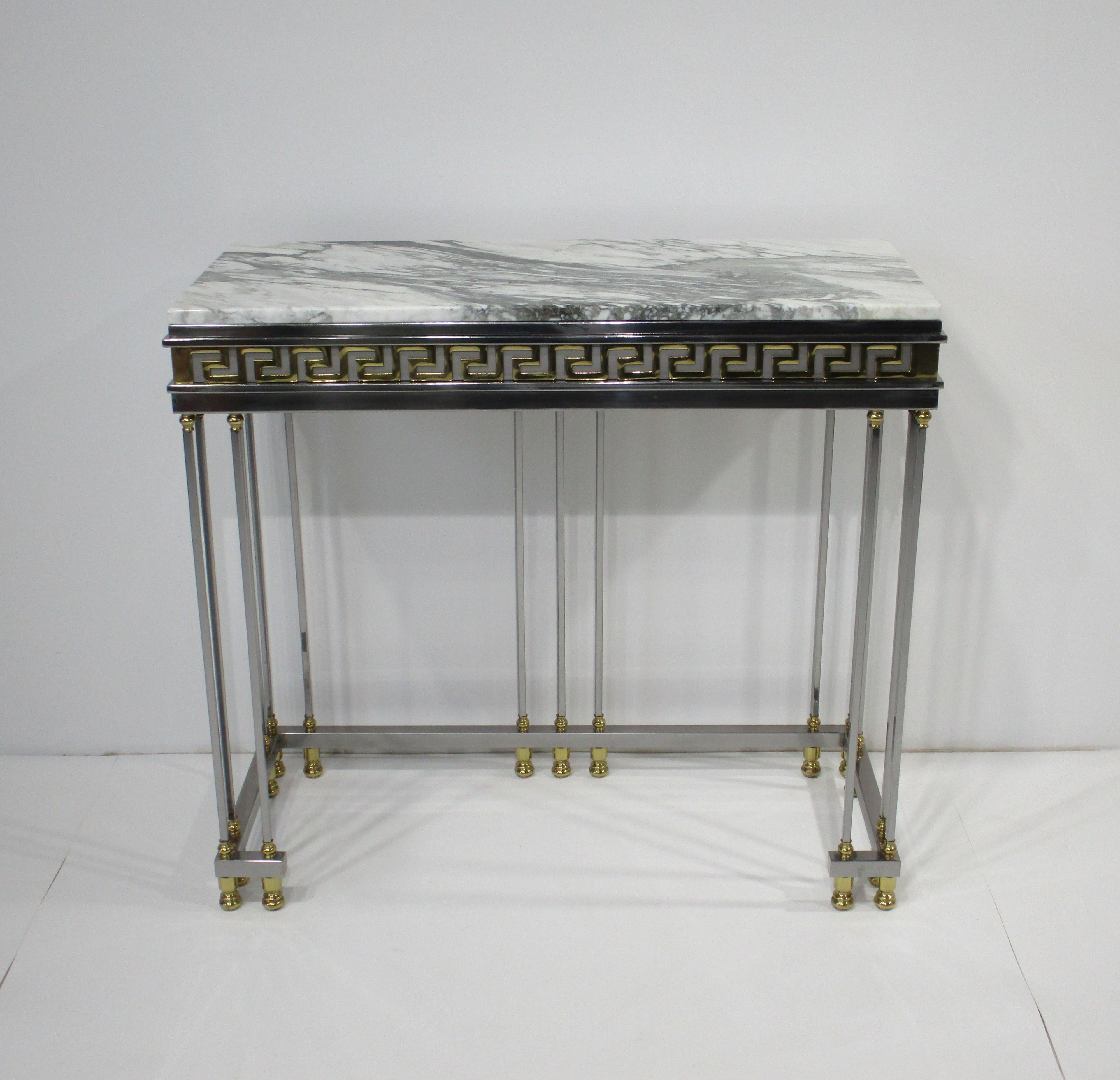Parzinger styled Italian Greek Key Marble / Brass / Chrome Console Table 8