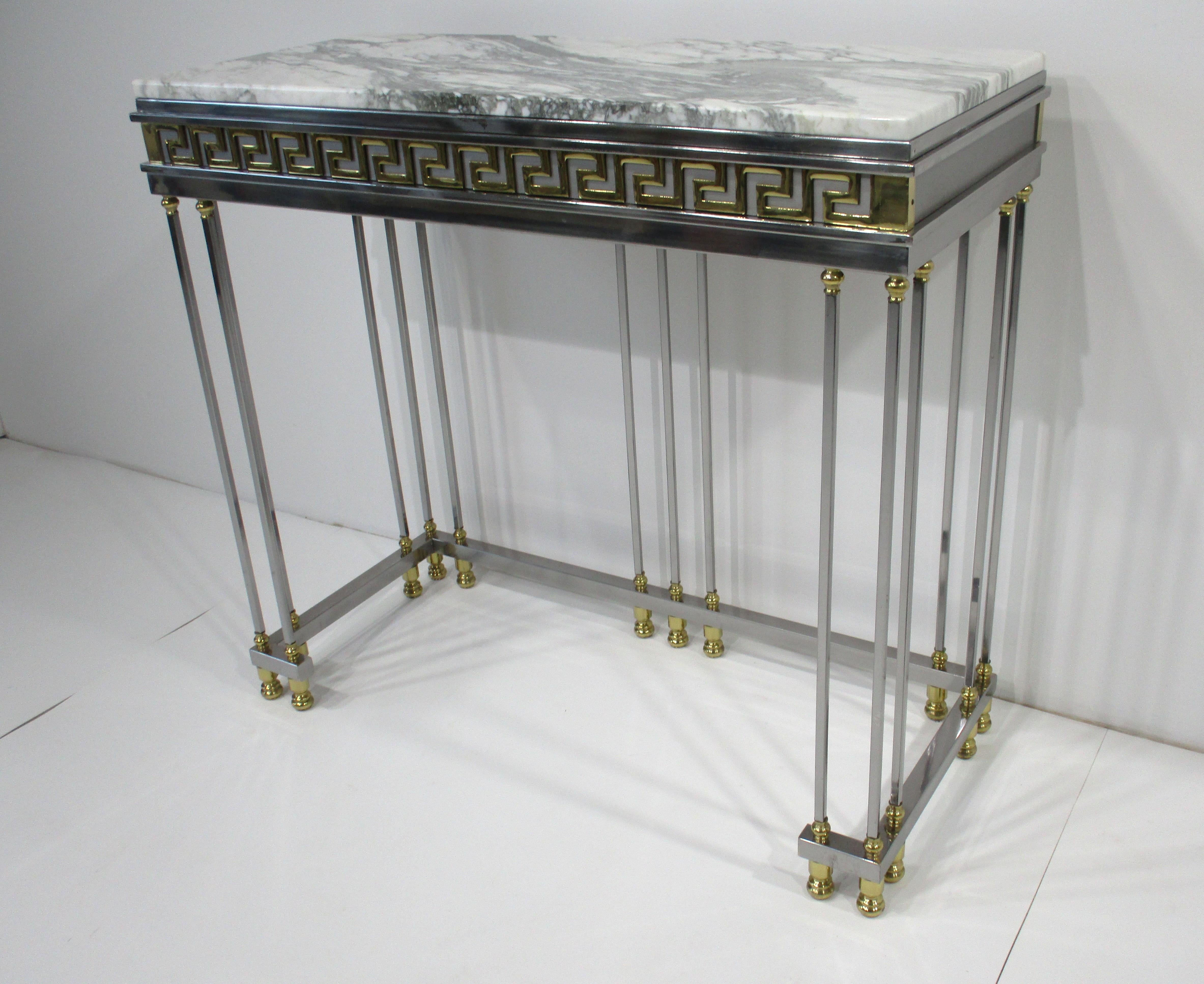 Mid-Century Modern Parzinger styled Italian Greek Key Marble / Brass / Chrome Console Table