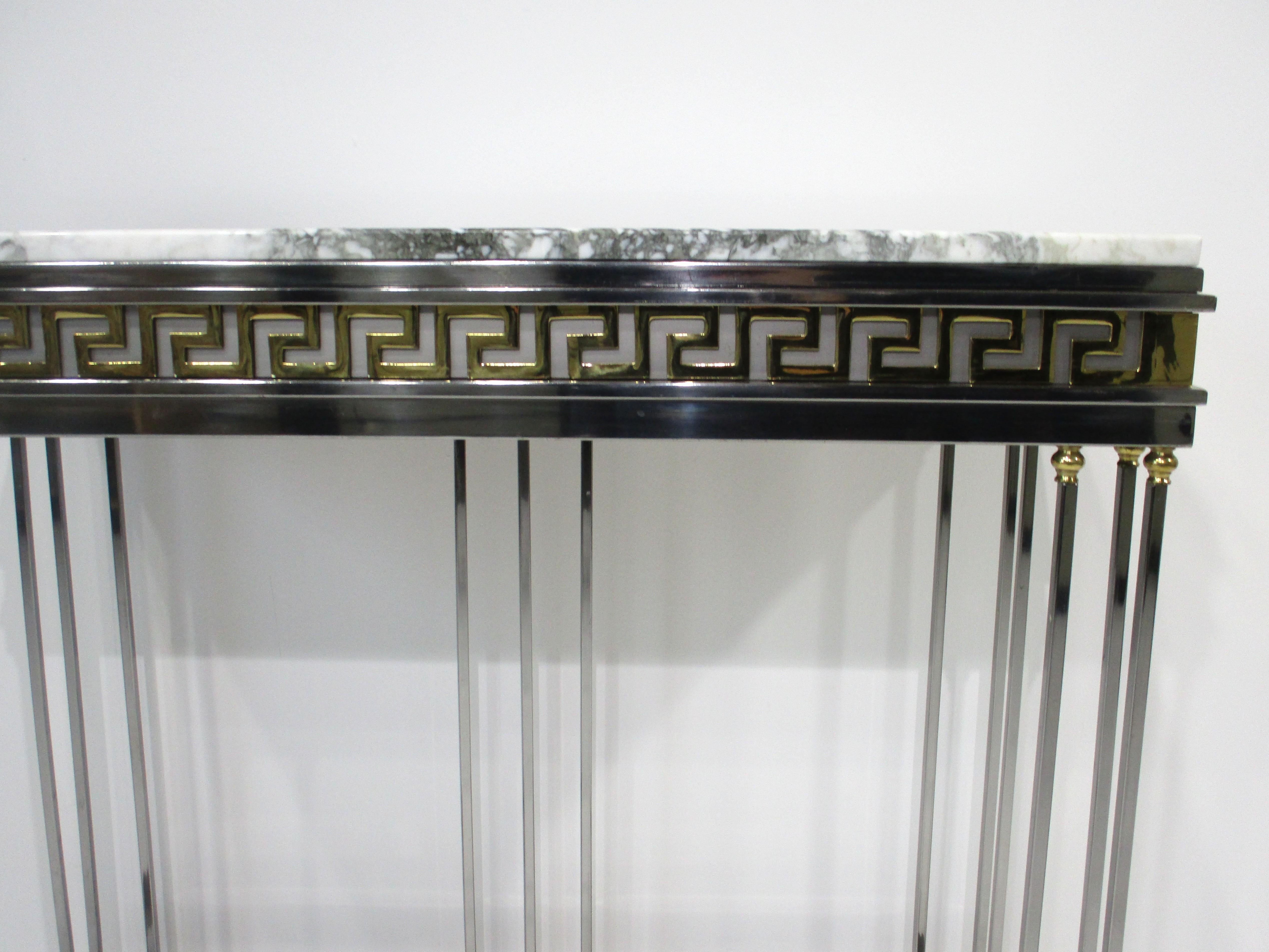 20th Century Parzinger styled Italian Greek Key Marble / Brass / Chrome Console Table