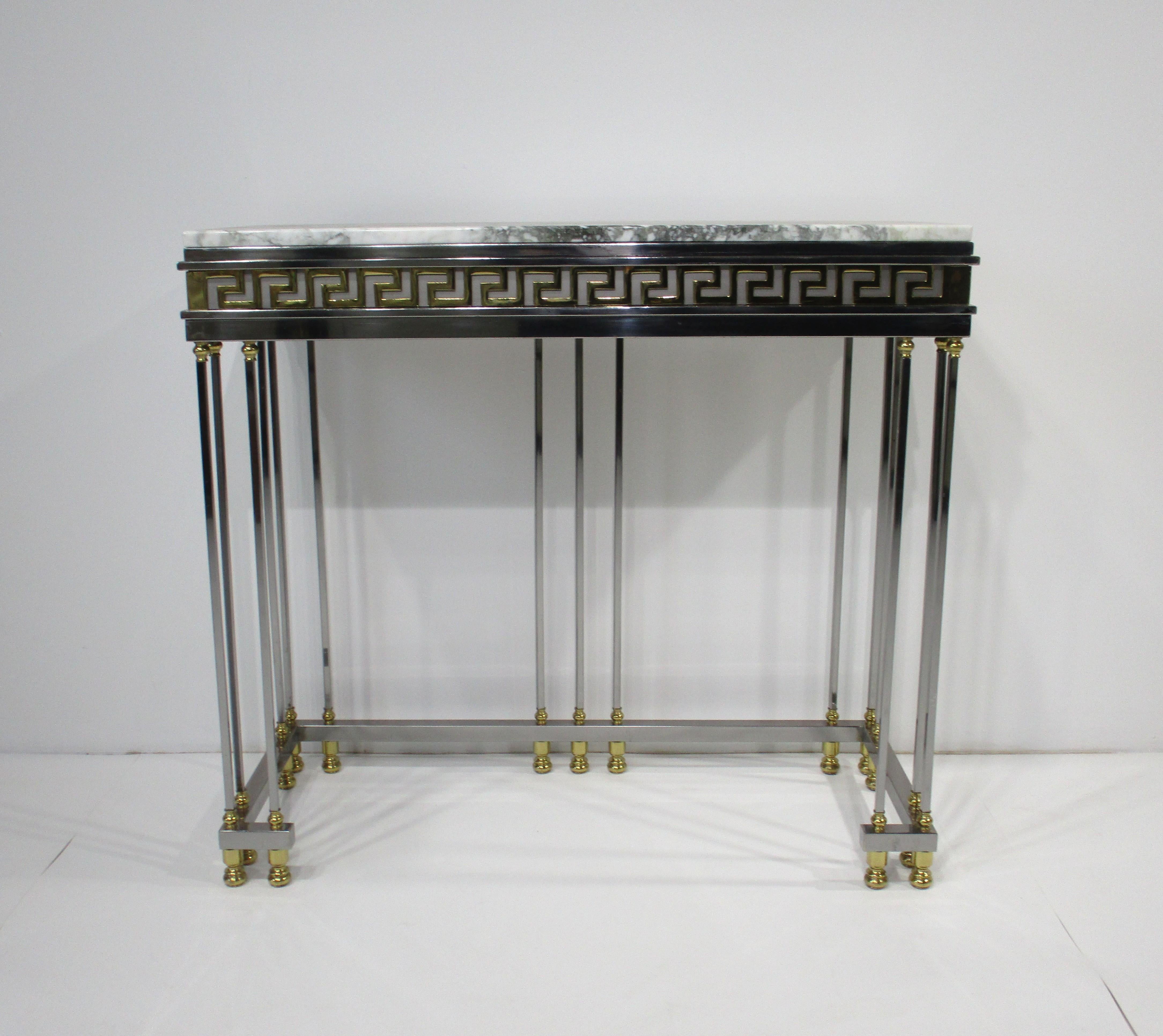 Parzinger styled Italian Greek Key Marble / Brass / Chrome Console Table 1