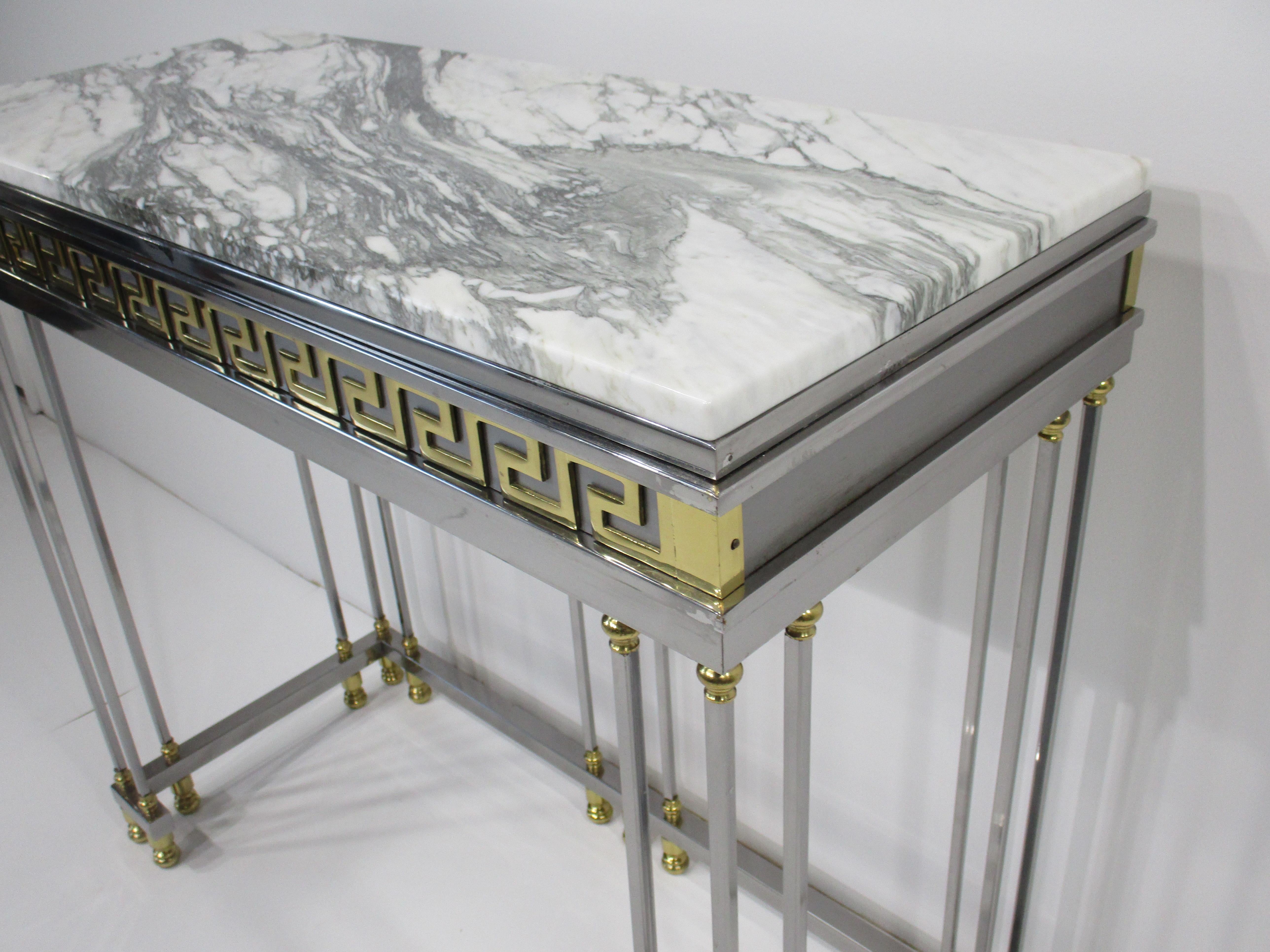 Parzinger styled Italian Greek Key Marble / Brass / Chrome Console Table 2
