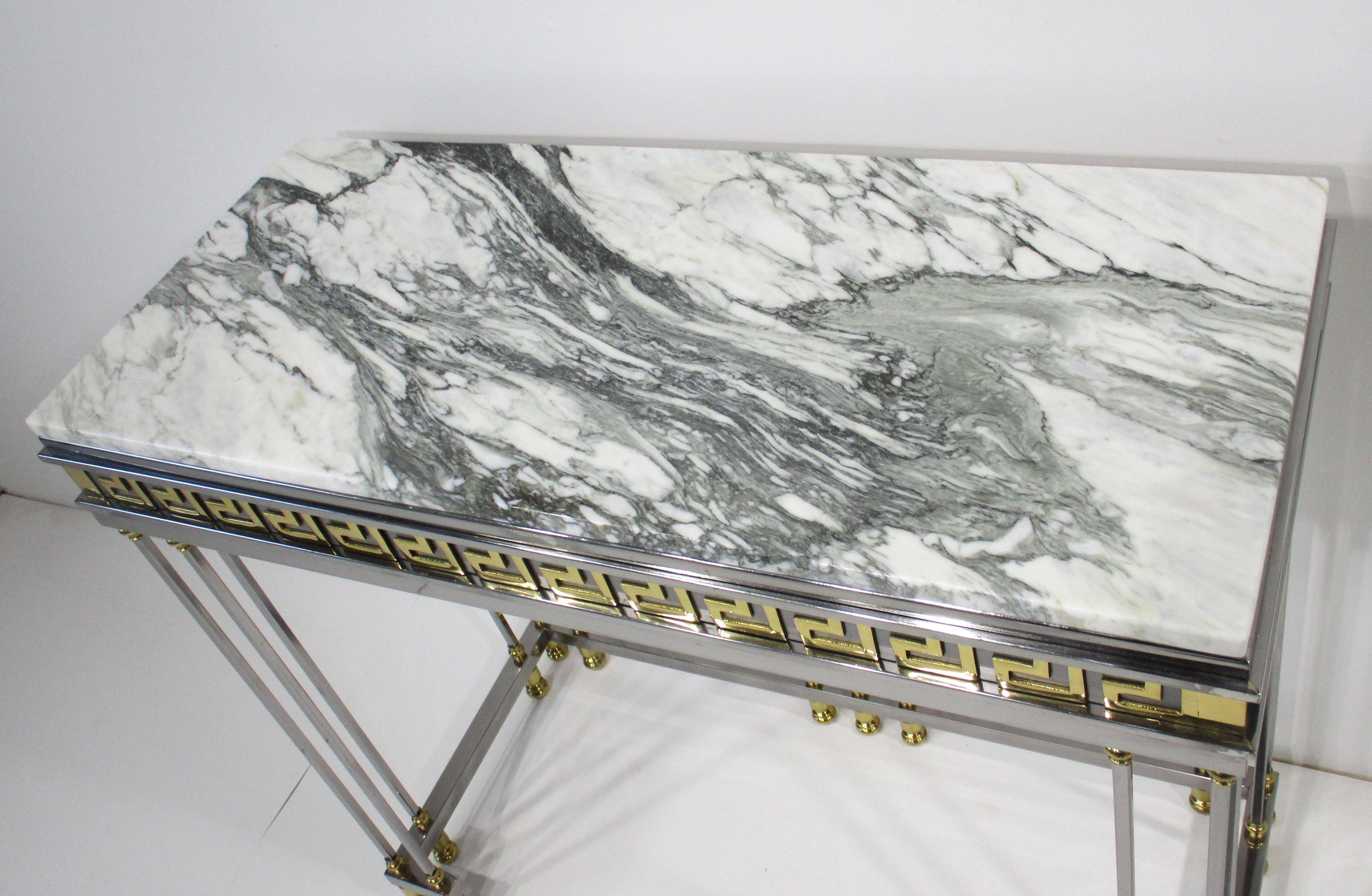 Parzinger styled Italian Greek Key Marble / Brass / Chrome Console Table 3