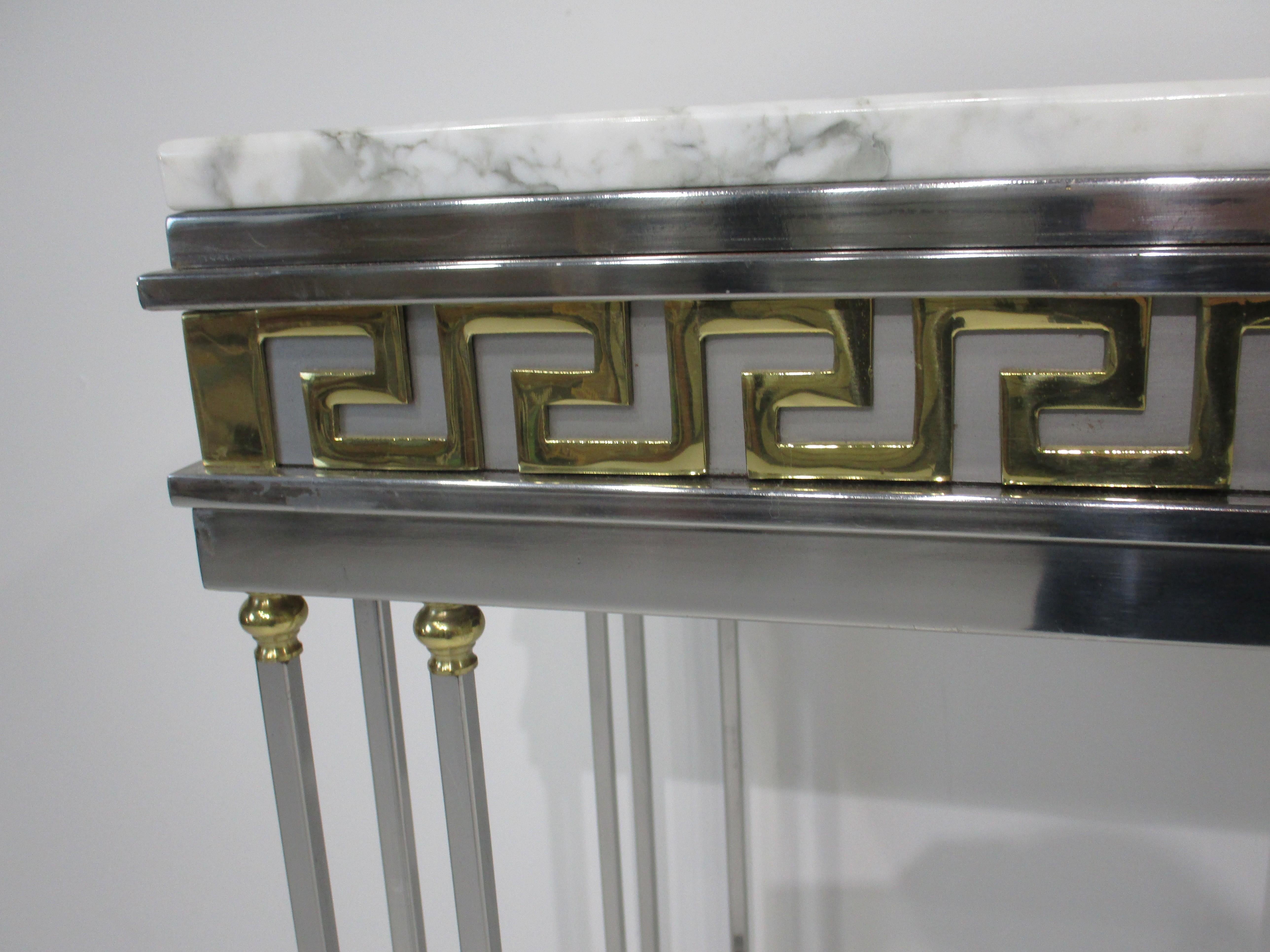 Parzinger styled Italian Greek Key Marble / Brass / Chrome Console Table 4