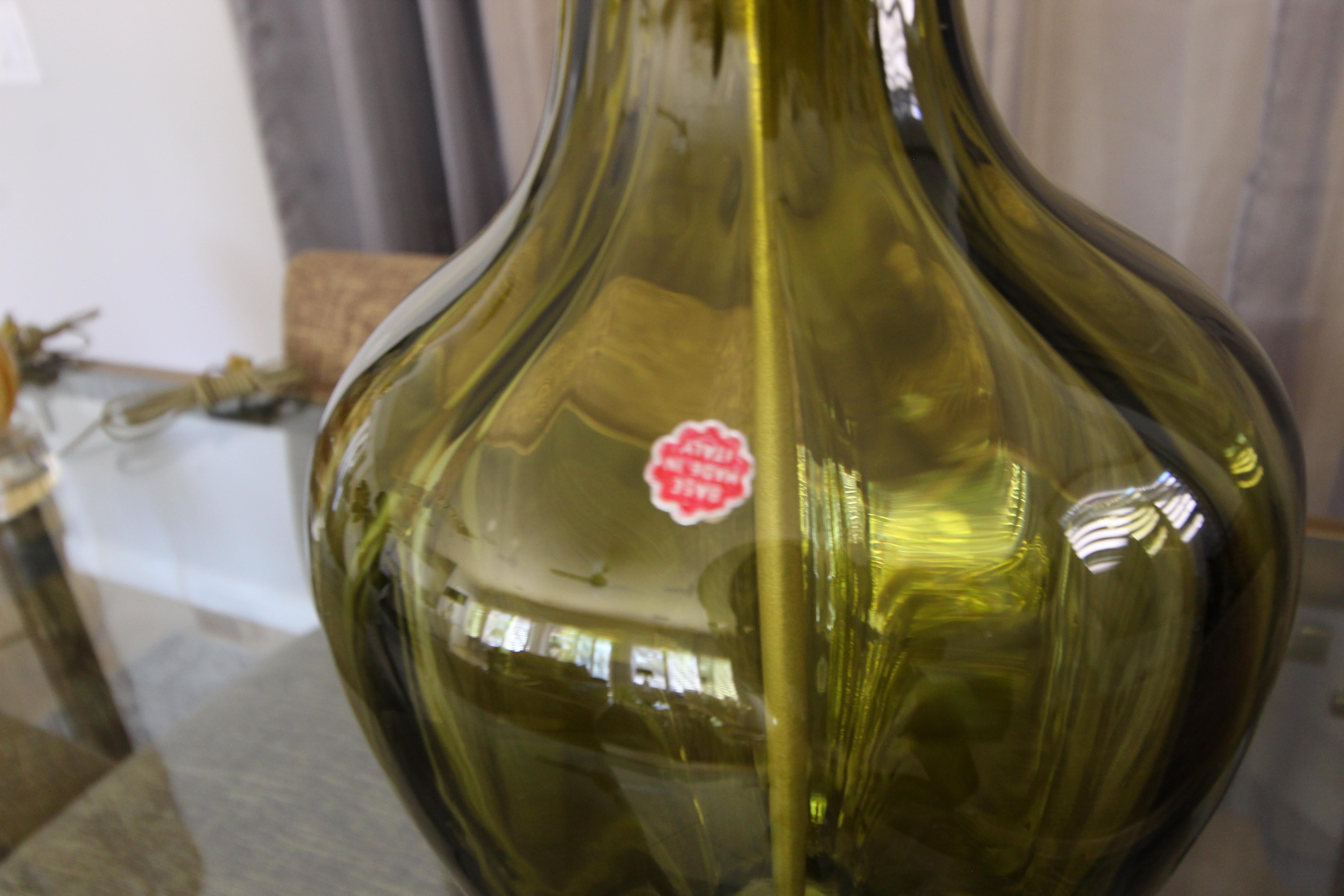 Brass Italian Green Absinthe Colored Murano Glass Table Lamp