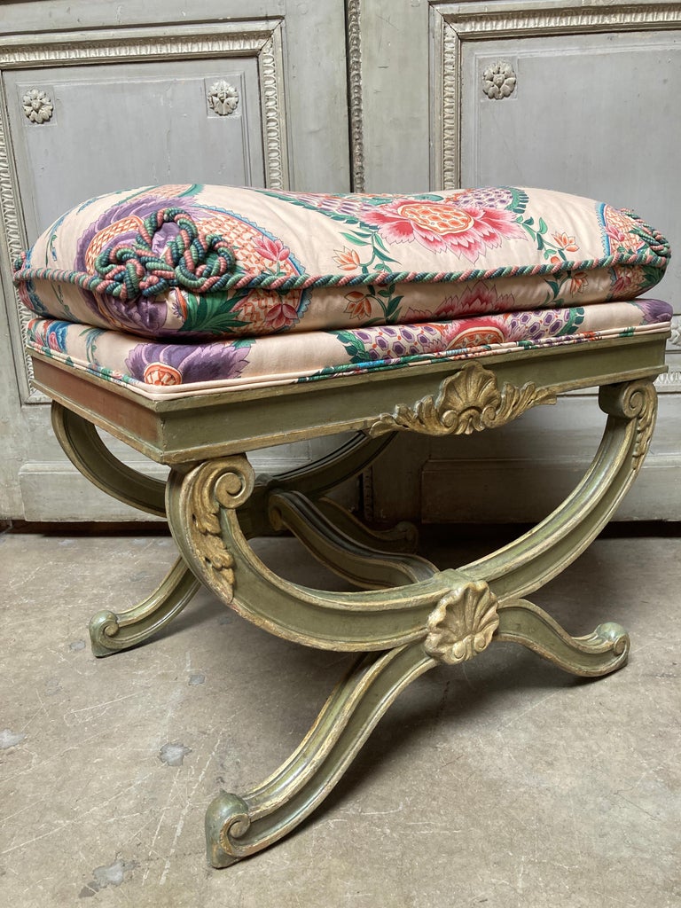 Italian Green and Cream Painted Stool with a Shell Motif at 1stDibs