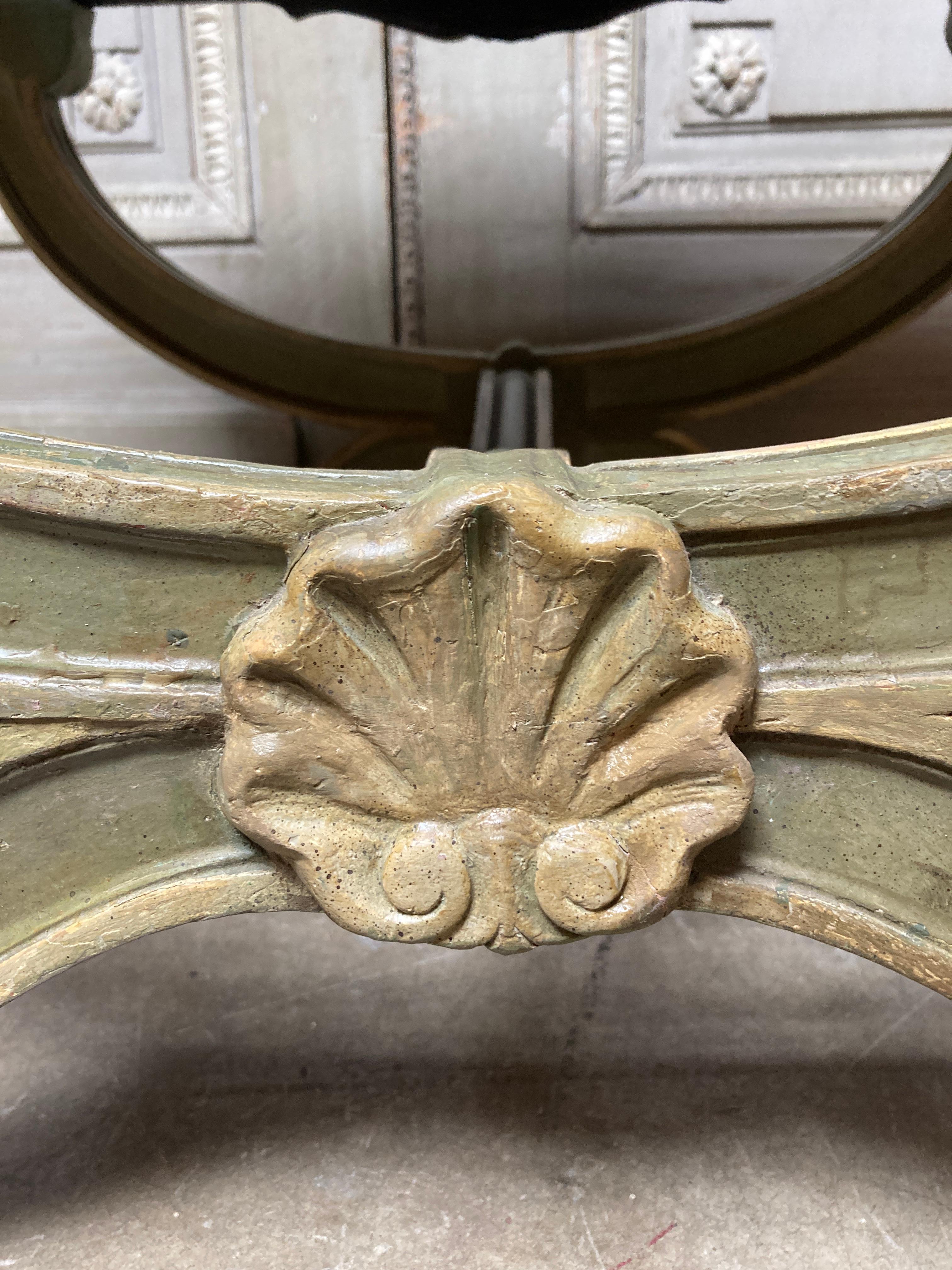 Carved Italian Green and Cream Painted Stool with a Shell Motif