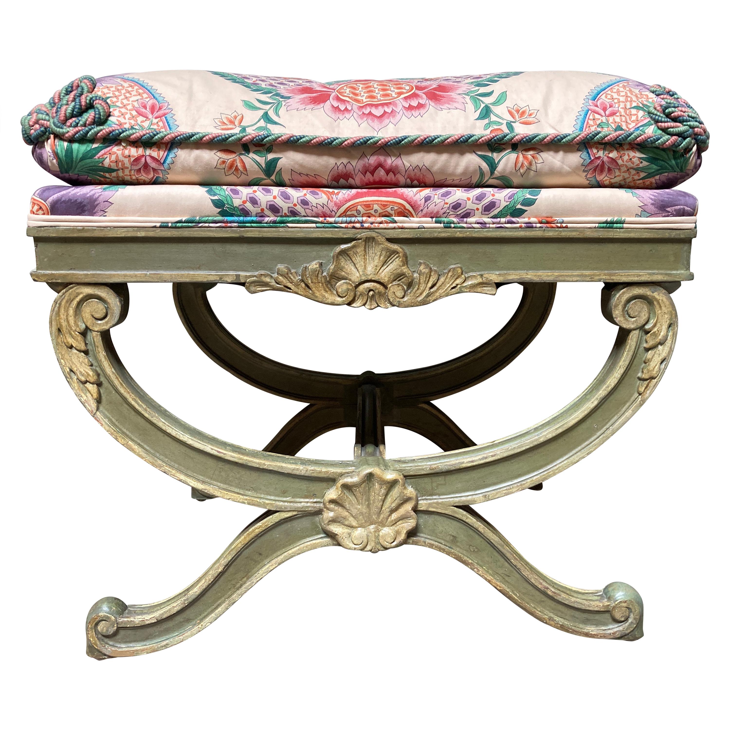 Italian Green and Cream Painted Stool with a Shell Motif