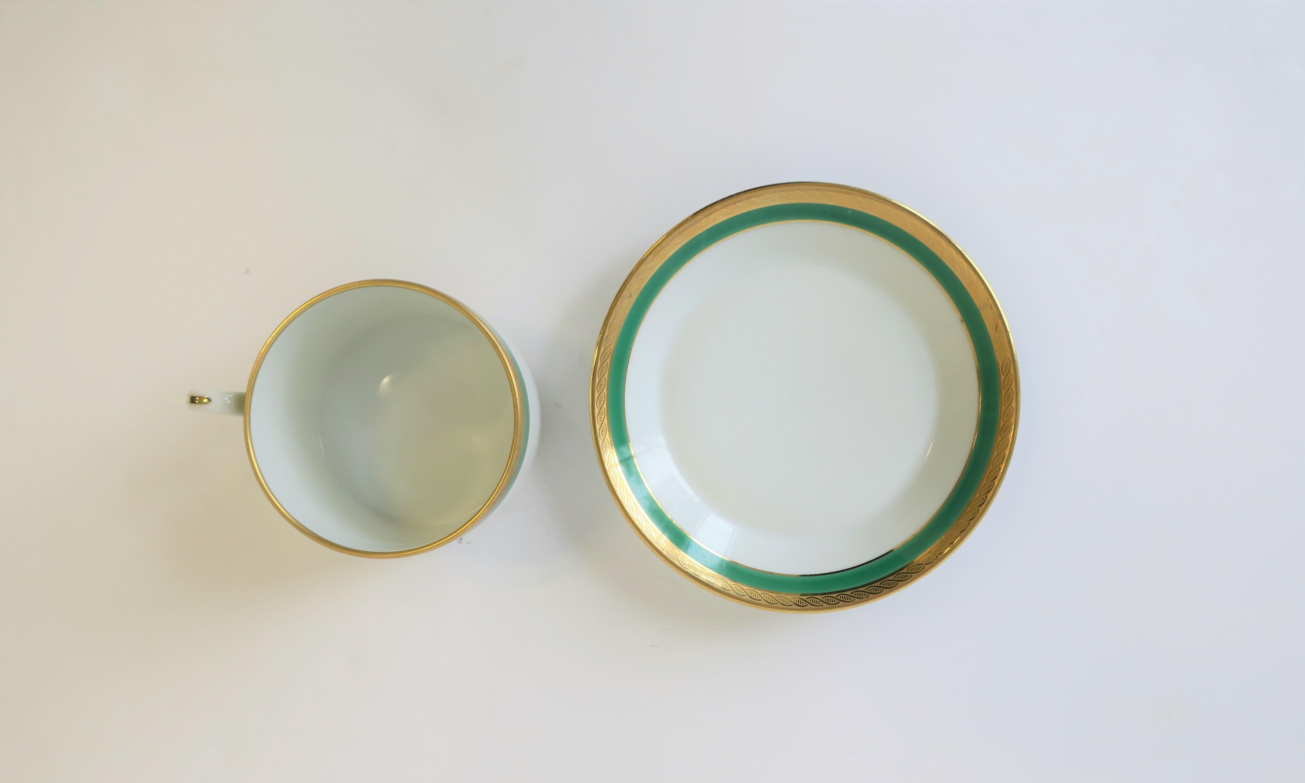 Glazed Richard Ginori Designer Italian Coffee or Tea Cup and Saucer in Green and Gold For Sale