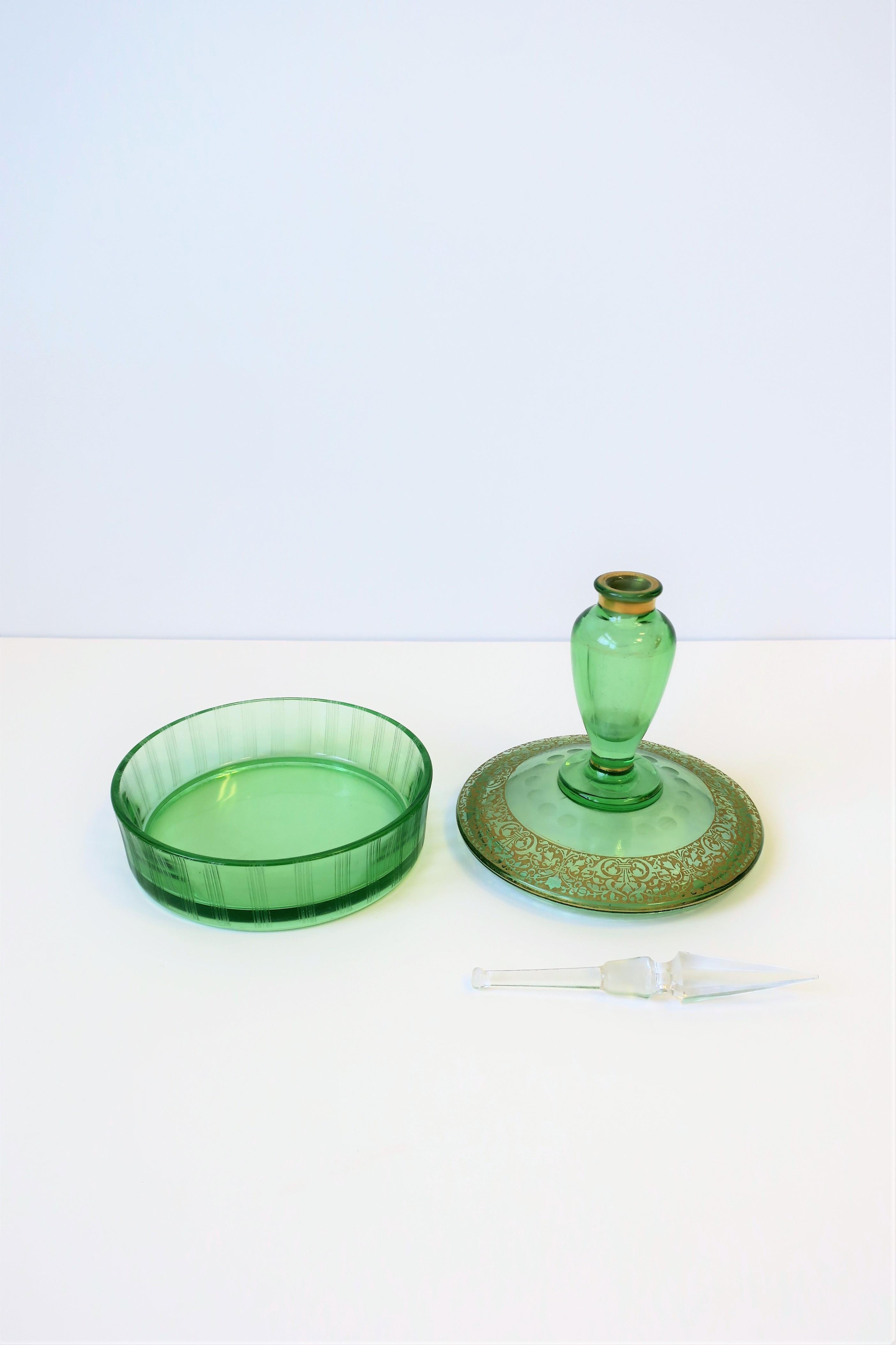 Italian Green and Gold Round Glass Box and Perfume Vanity Bottle 5