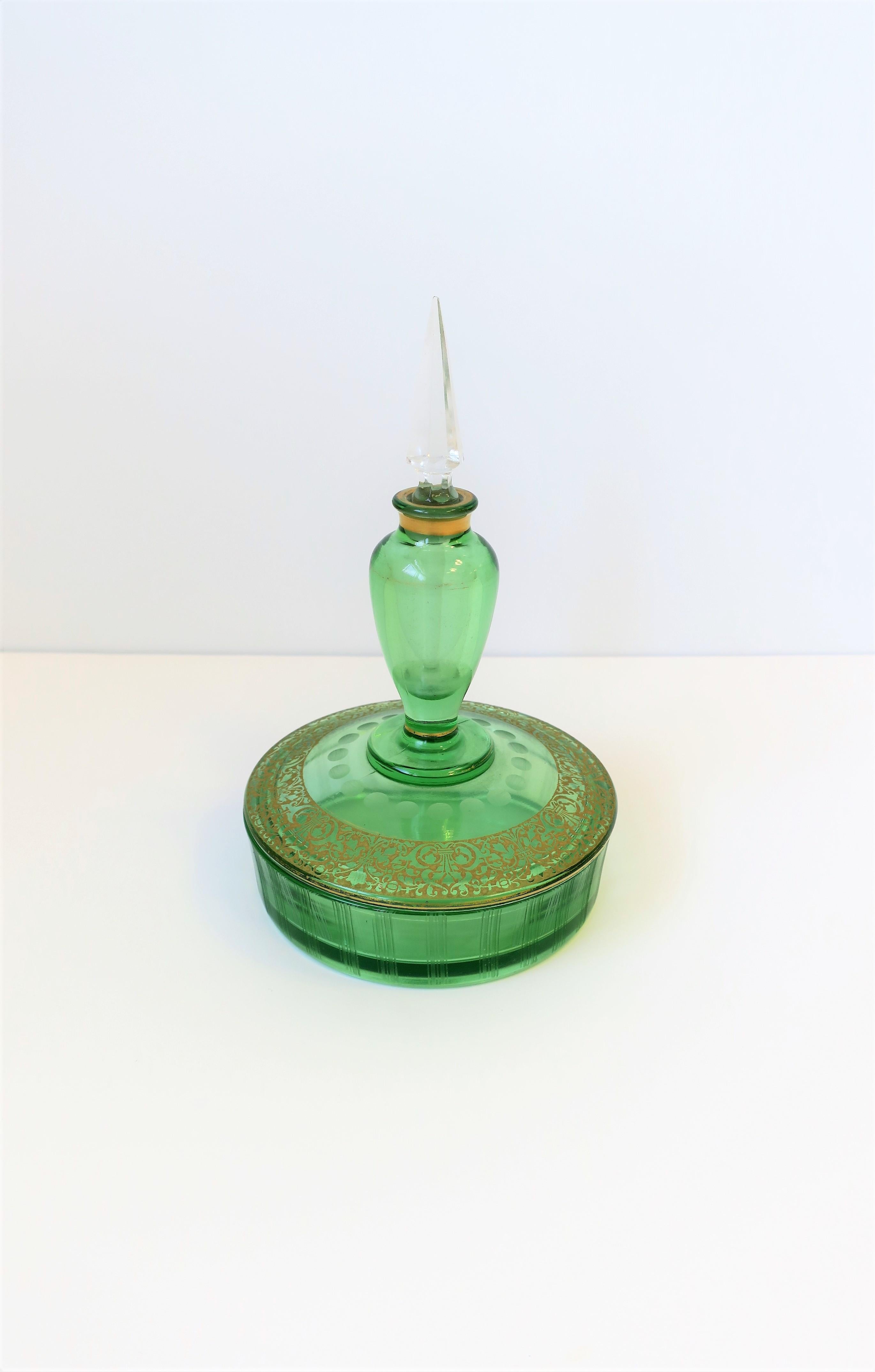 Bohemian Italian Green and Gold Round Glass Box and Perfume Vanity Bottle