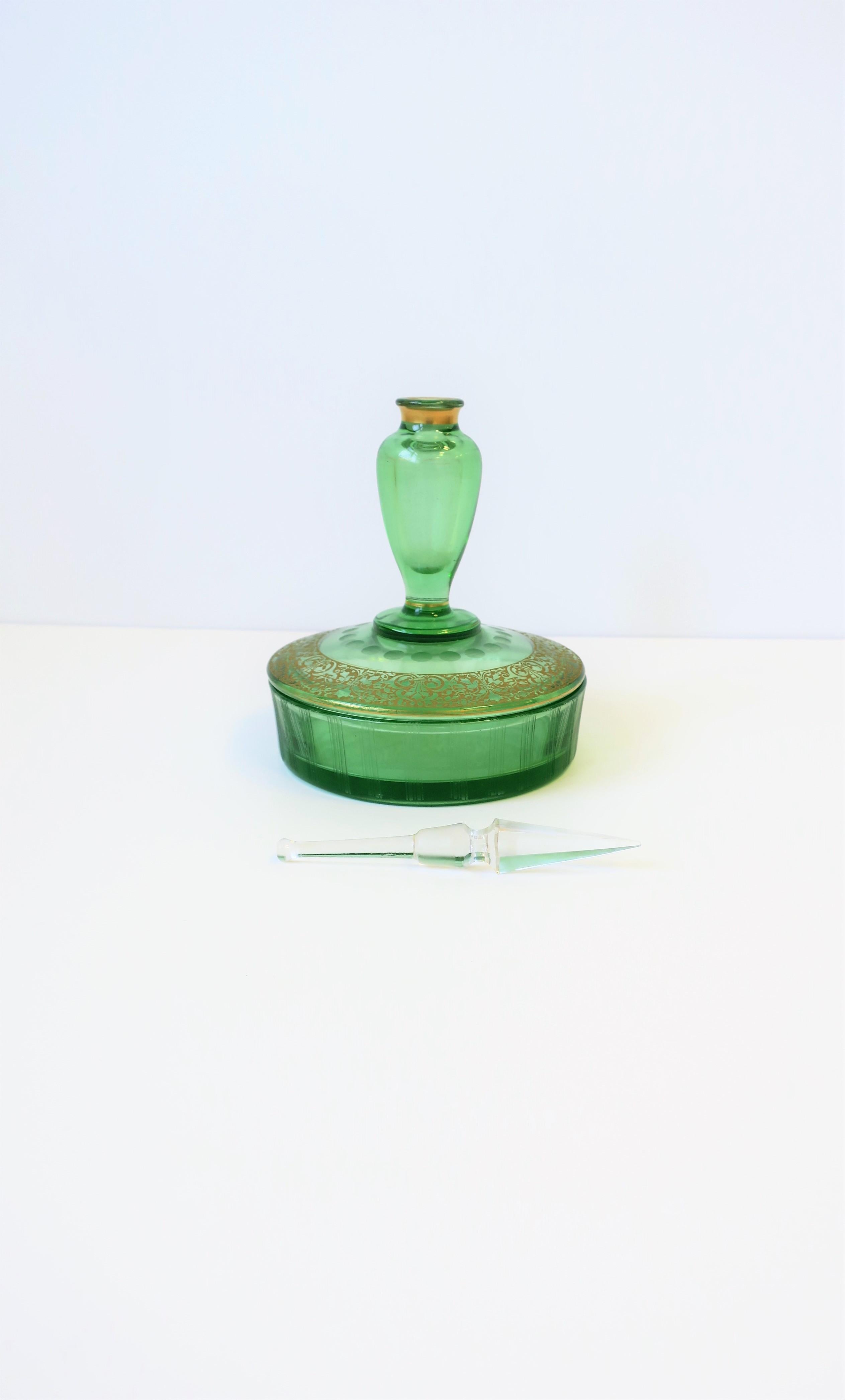 Gilt Italian Green and Gold Round Glass Box and Perfume Vanity Bottle