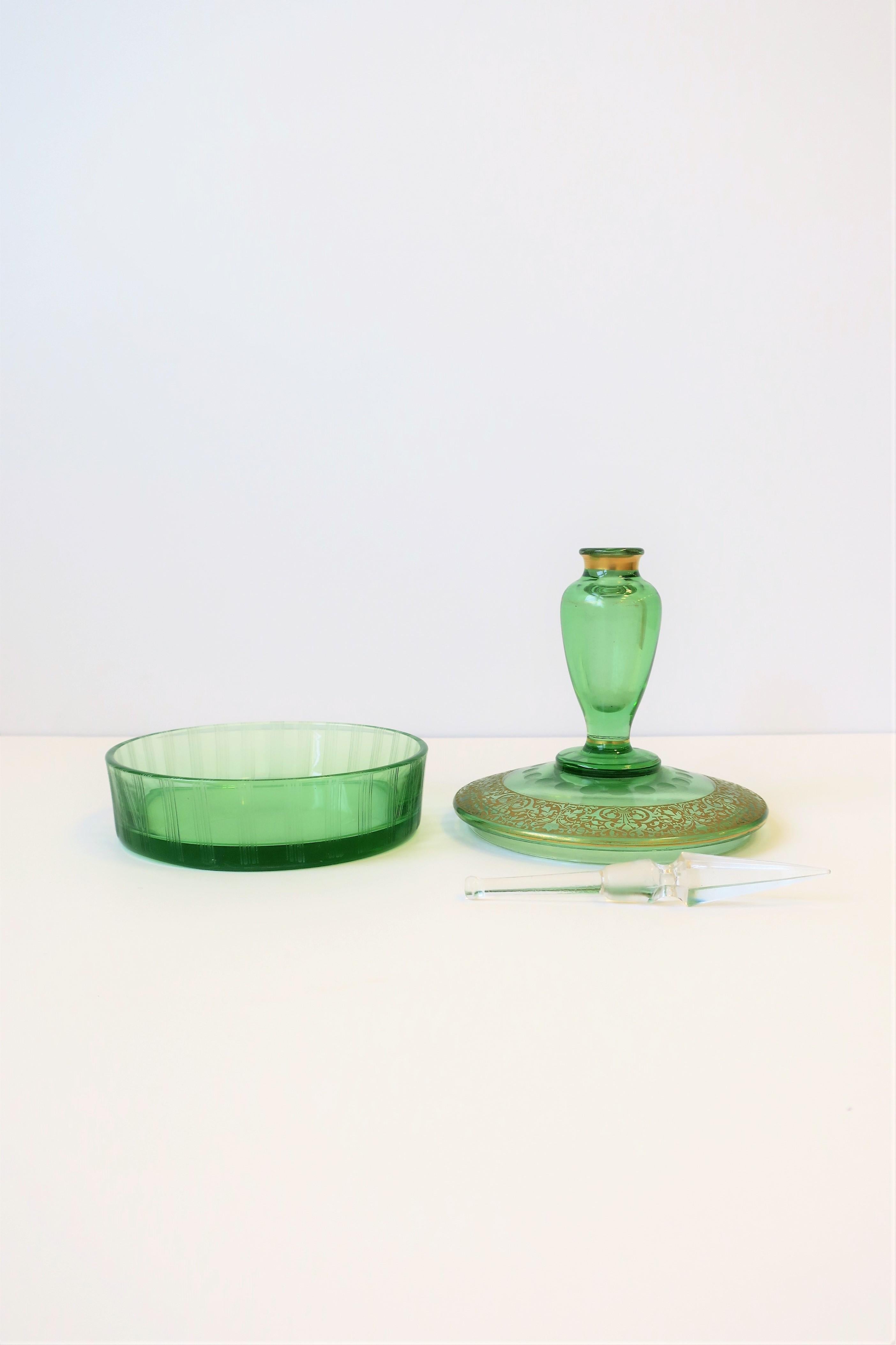 Italian Green and Gold Round Glass Box and Perfume Vanity Bottle In Good Condition In New York, NY