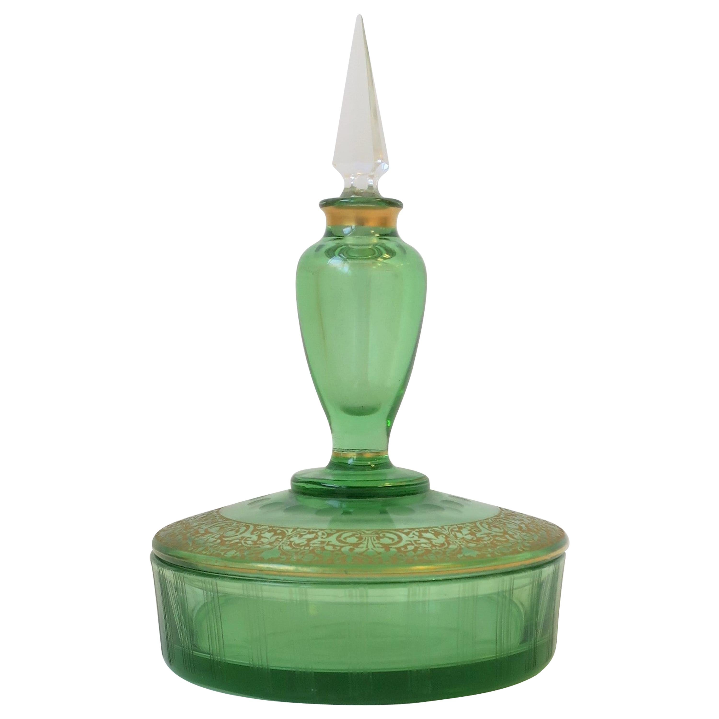 Italian Green and Gold Round Glass Box and Perfume Vanity Bottle