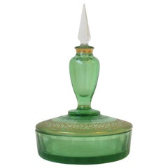Italian Green and Gold Round Glass Box and Perfume Vanity Bottle