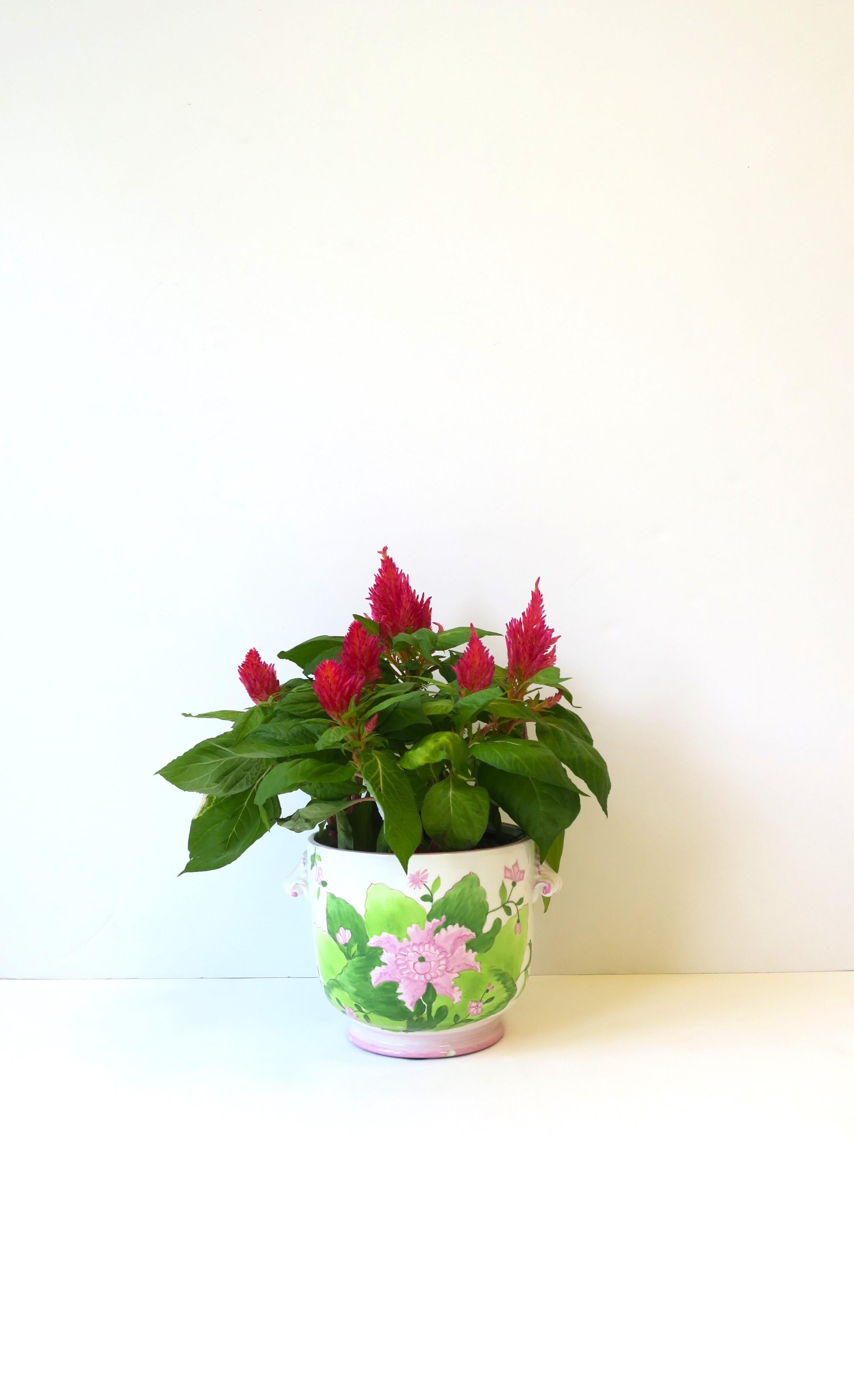 Glazed Italian Green and Pink Flower or Plant Cachepot Panter Jardiniere For Sale