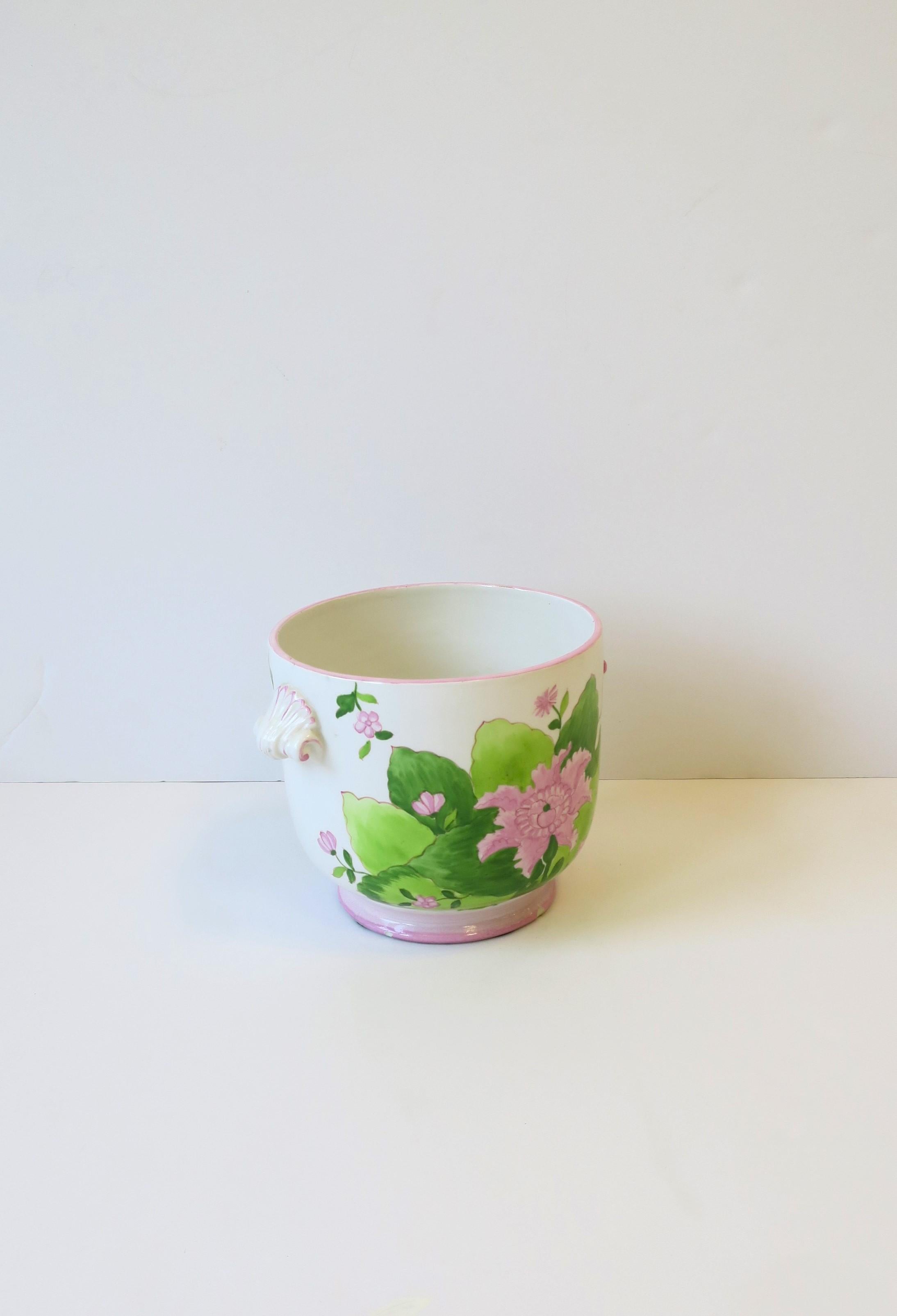 Ceramic Italian Green and Pink Flower or Plant Cachepot Panter Jardiniere For Sale
