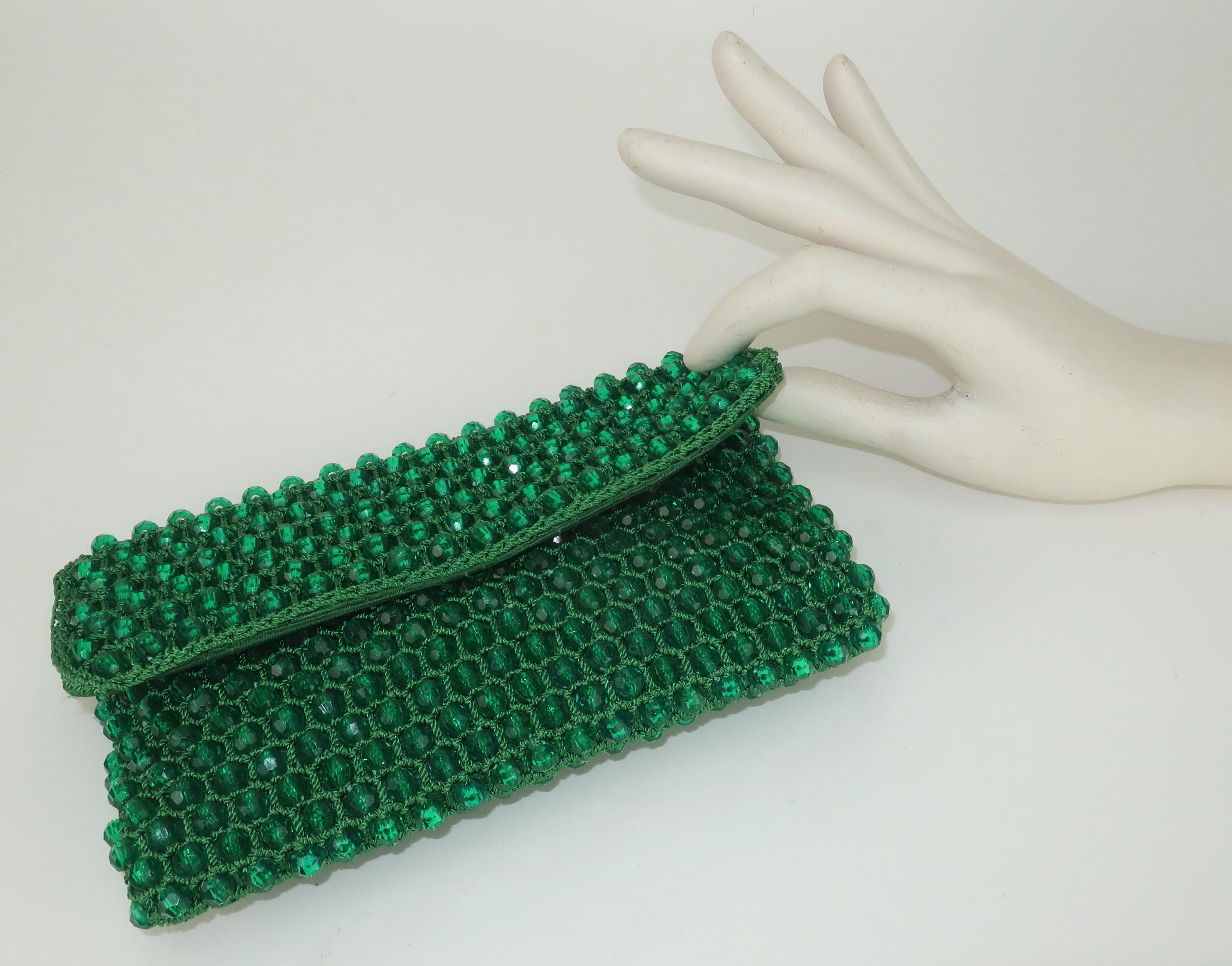 Italian Green Beaded Clutch Handbag, 1950's 4