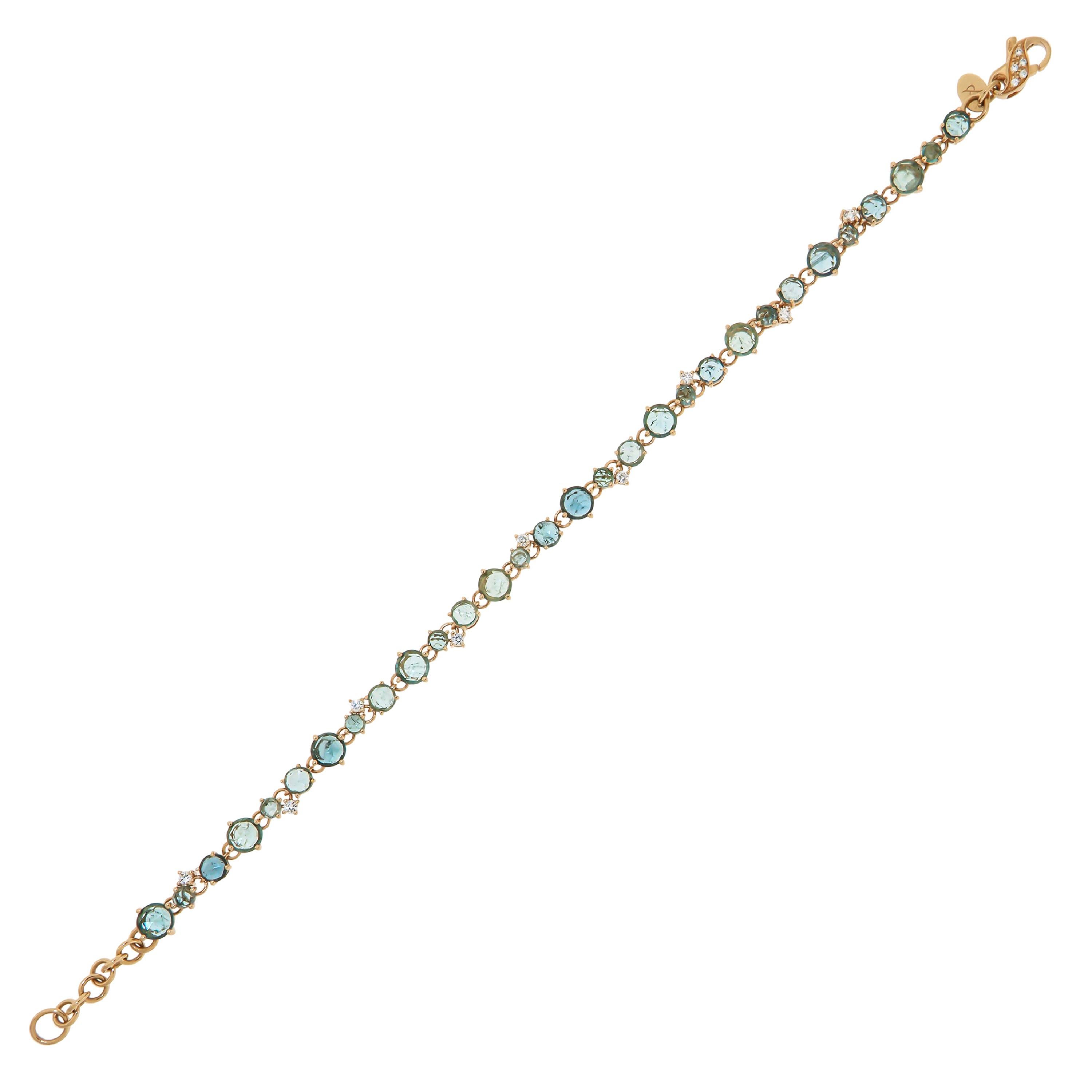 Italienisches Original-Tennisarmband, grüner blauer Turmalin, Diamanten, Rose, 18 Karat Gold