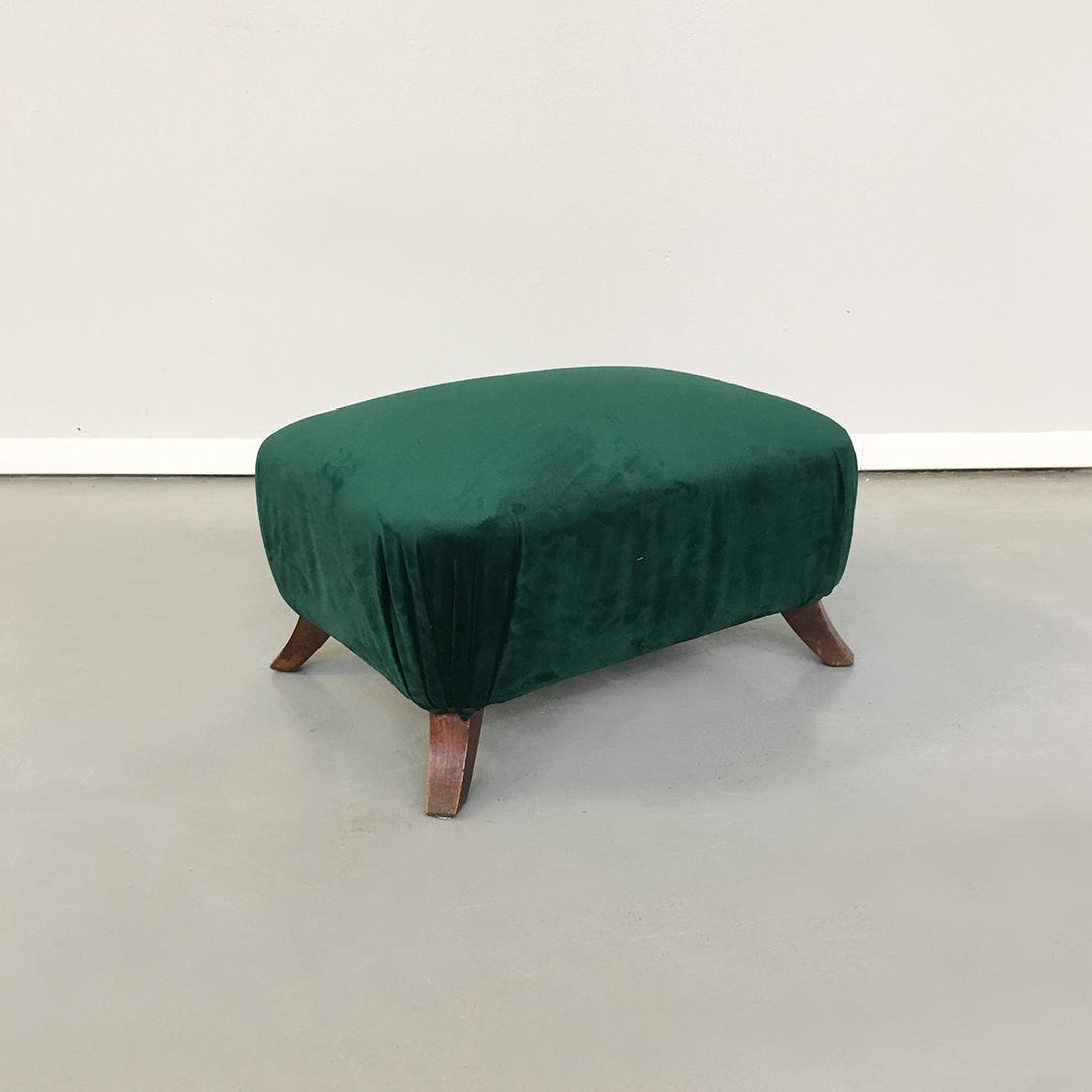 Italian Green or Brick Velvet and Wooden Structure Pouf and Armchair, 1950s 7
