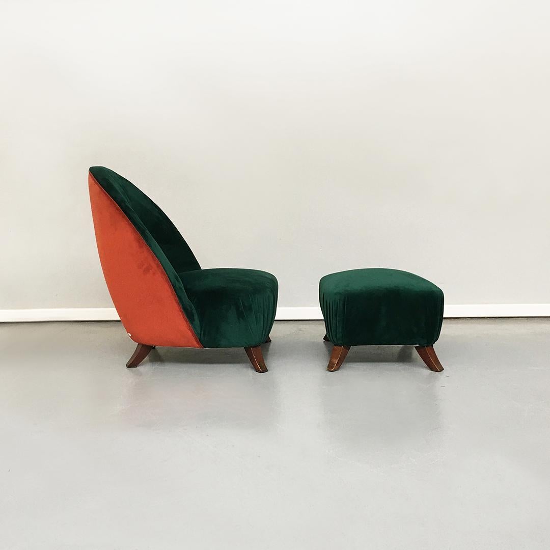 Mid-Century Modern Italian Green or Brick Velvet and Wooden Structure Pouf and Armchair, 1950s