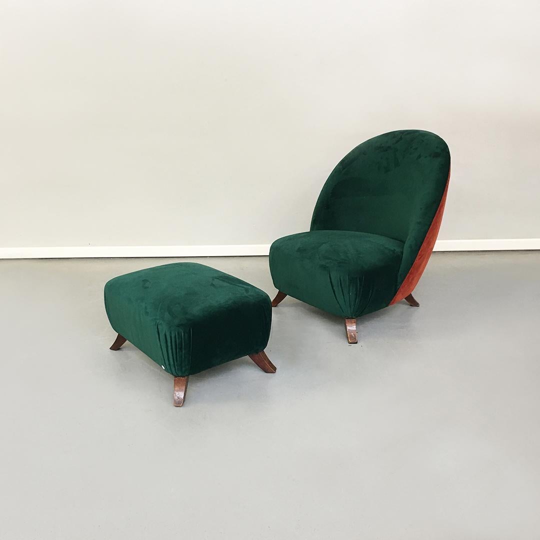 Italian Green or Brick Velvet and Wooden Structure Pouf and Armchair, 1950s In Good Condition In MIlano, IT