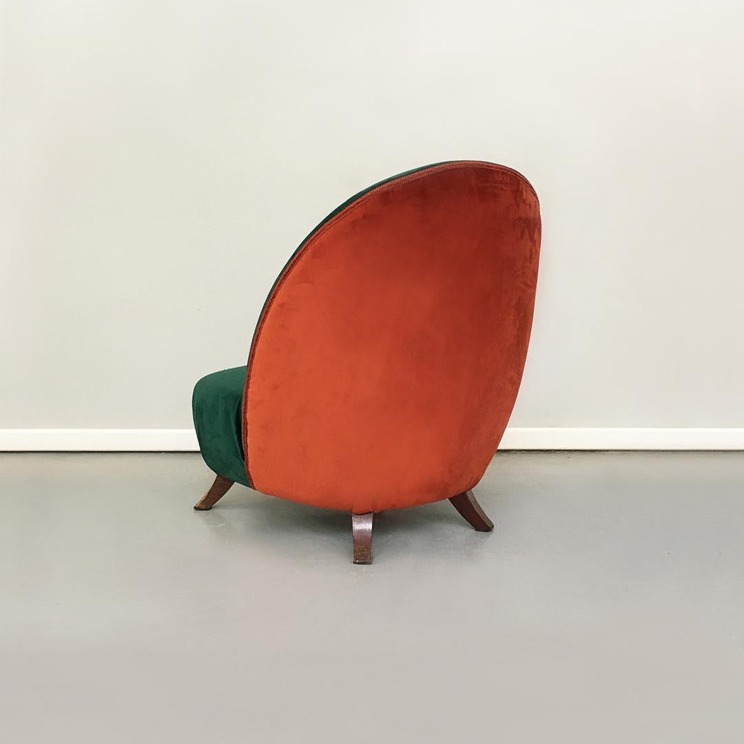 Mid-20th Century Italian Green or Brick Velvet and Wooden Structure Pouf and Armchair, 1950s