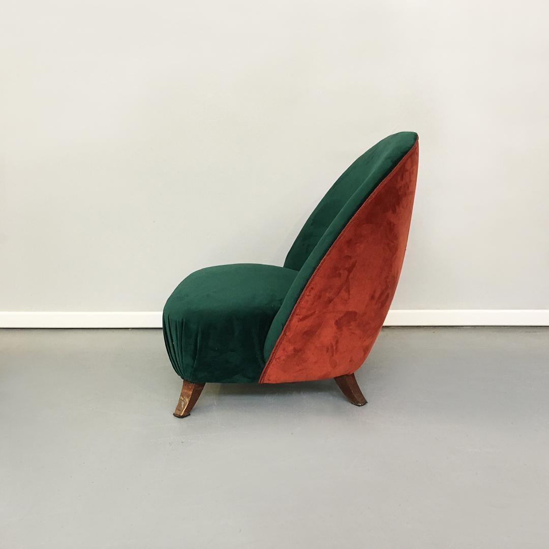 Italian Green or Brick Velvet and Wooden Structure Pouf and Armchair, 1950s 1