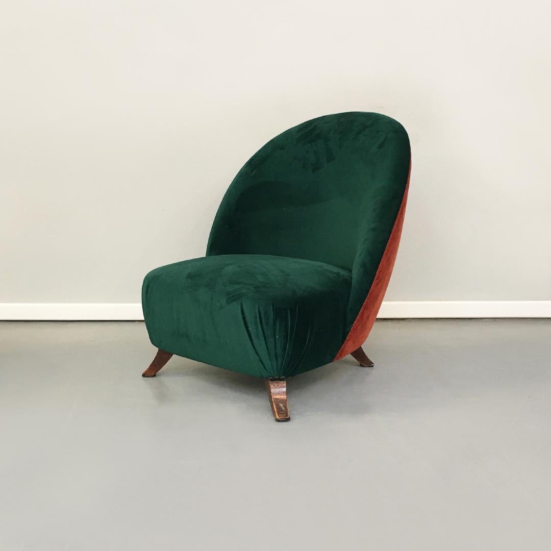 Italian Green or Brick Velvet and Wooden Structure Pouf and Armchair, 1950s 2