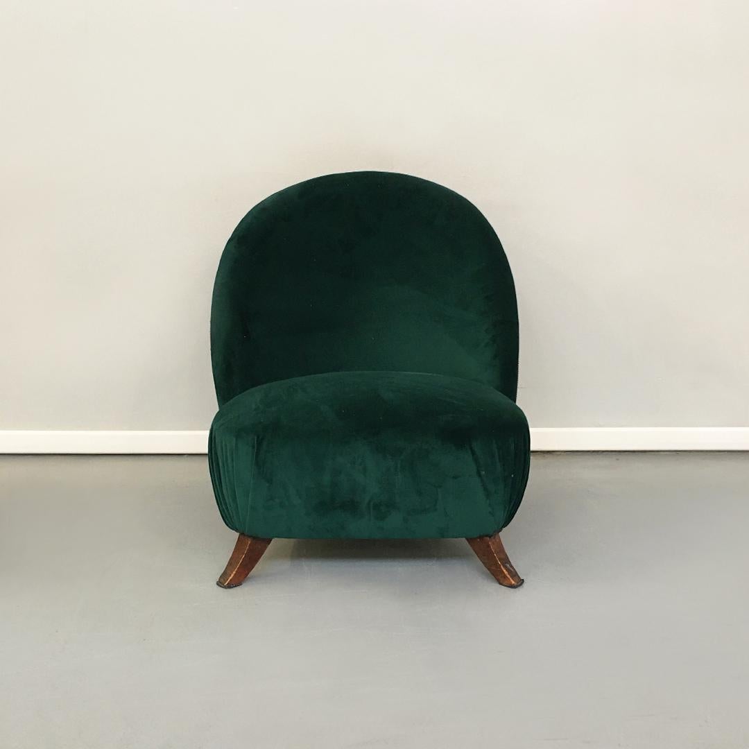 Italian Green or Brick Velvet and Wooden Structure Pouf and Armchair, 1950s 3