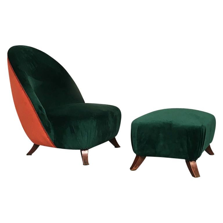 Italian Green or Brick Velvet and Wooden Structure Pouf and Armchair, 1950s