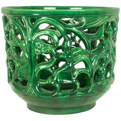 Italian Green Ceramic 1930s Cachepot in the Style of Angelo Biancini
