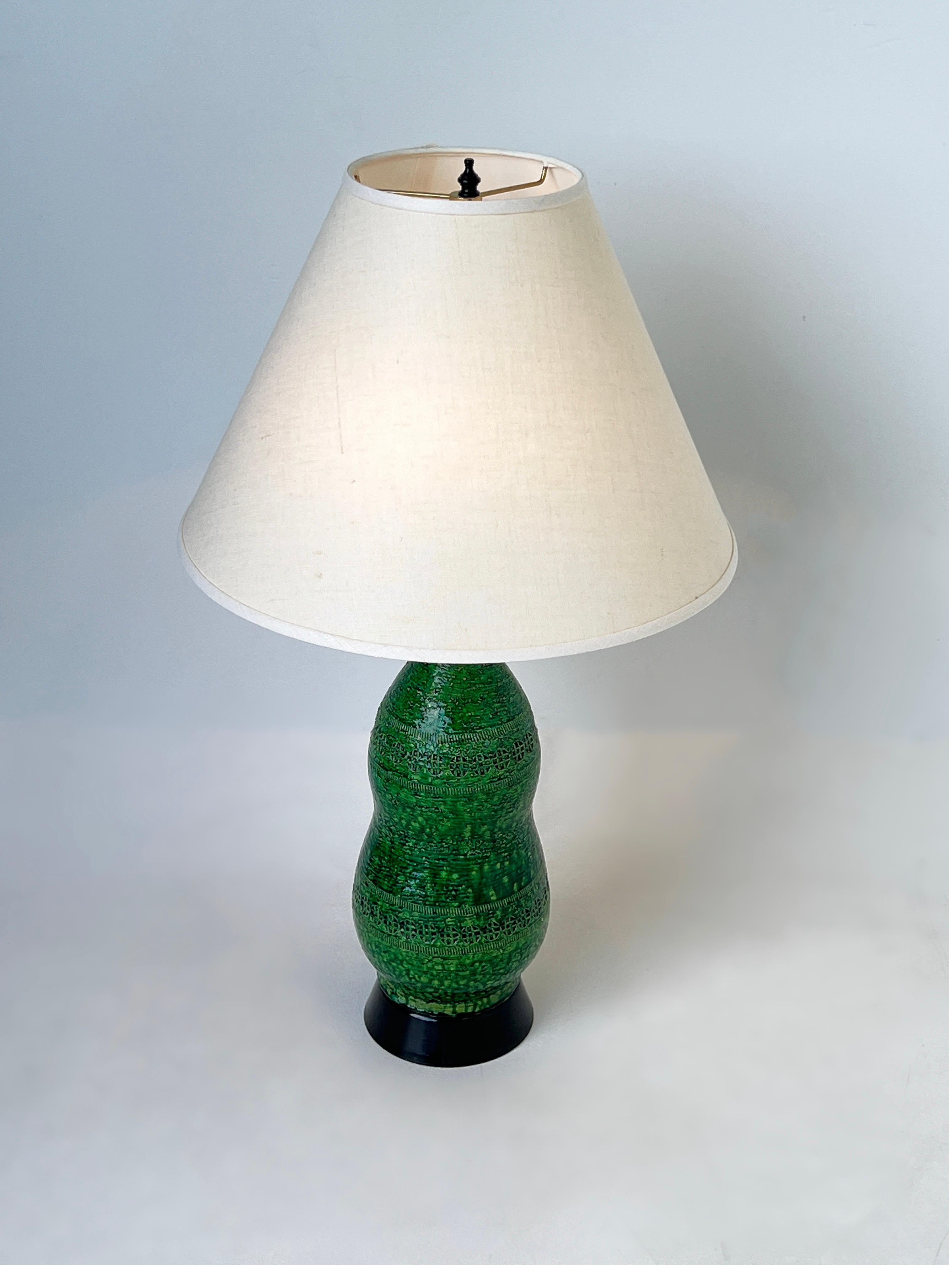 Glazed Italian Green Ceramic and Black Lacquered Table Lamp by Bitossi 