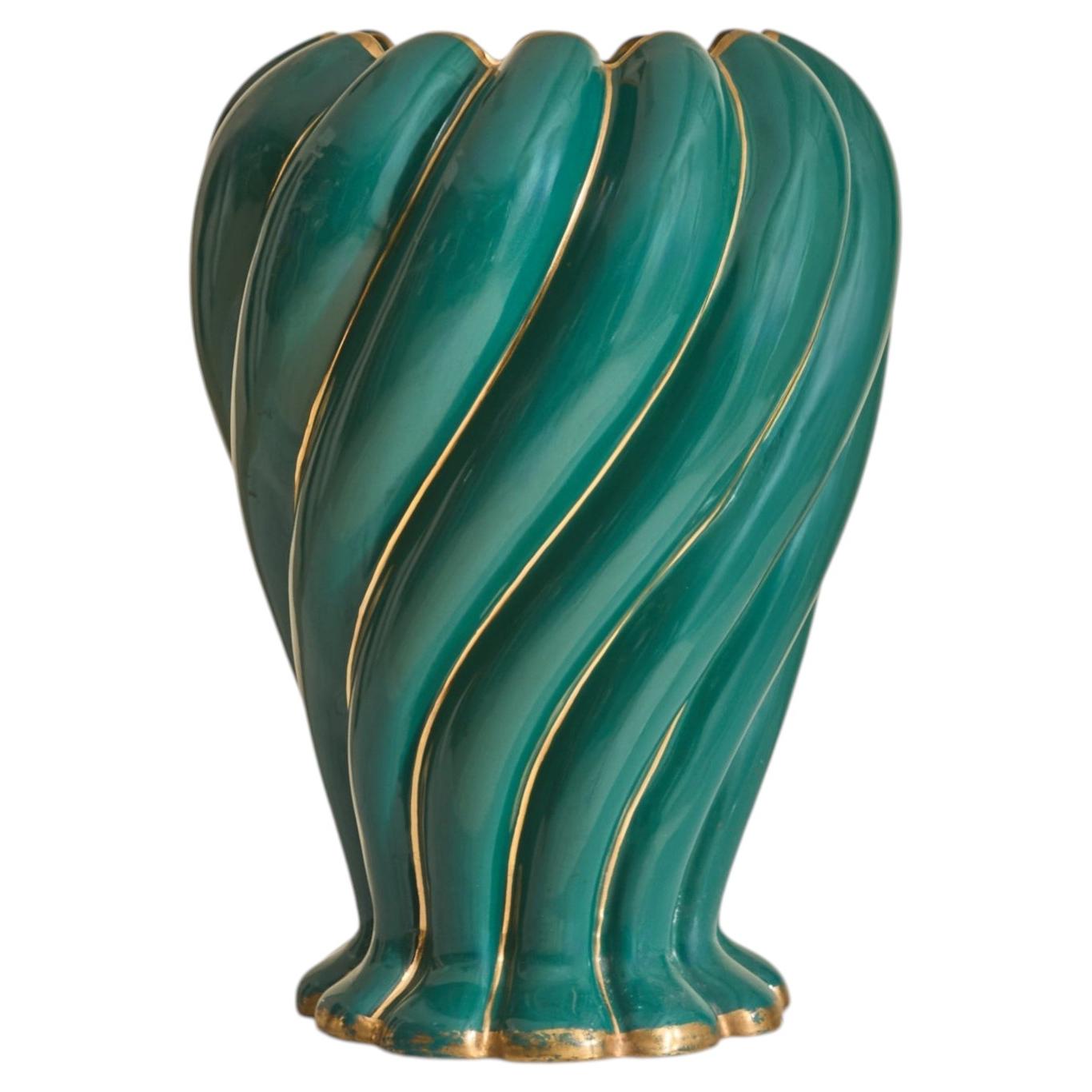 Italian Green Ceramic Swirl Vase, 1950s