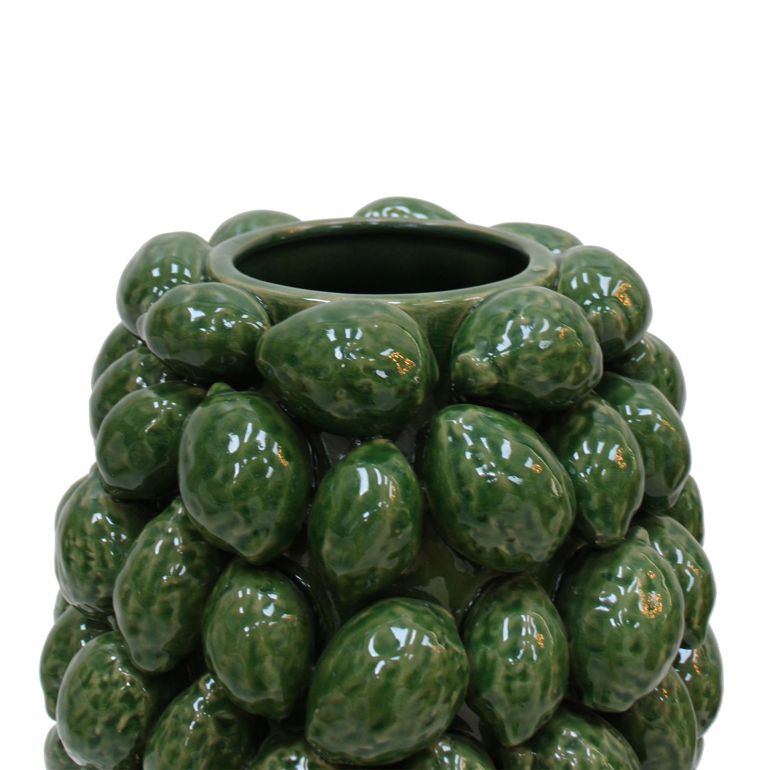 Hand-Crafted Italian Green Ceramic Vase with Fruit Motifs For Sale
