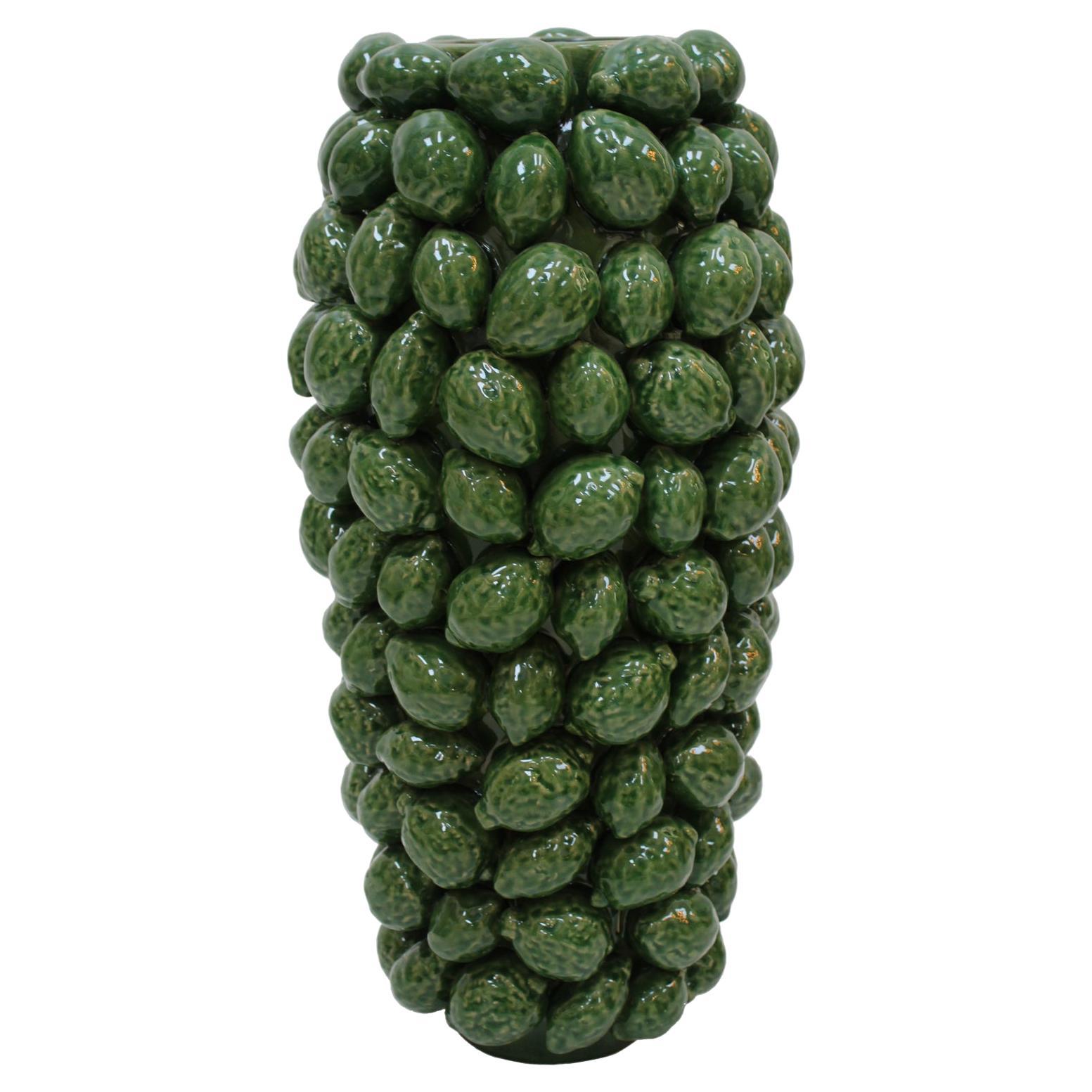 Italian Green Ceramic Vase with Fruit Motifs For Sale