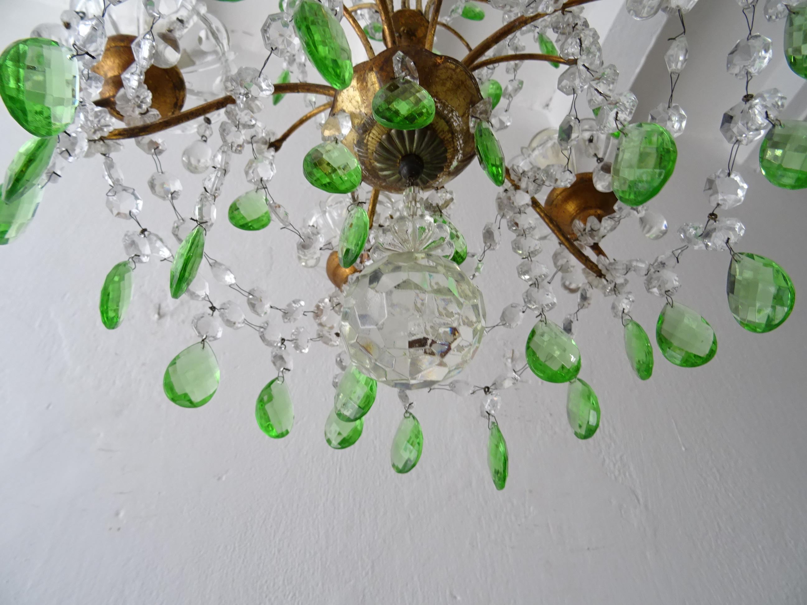 Early 20th Century Italian Green Crystal Prisms Gold Gilt Wood Swags 4 Tier Chandelier, circa 1900 For Sale