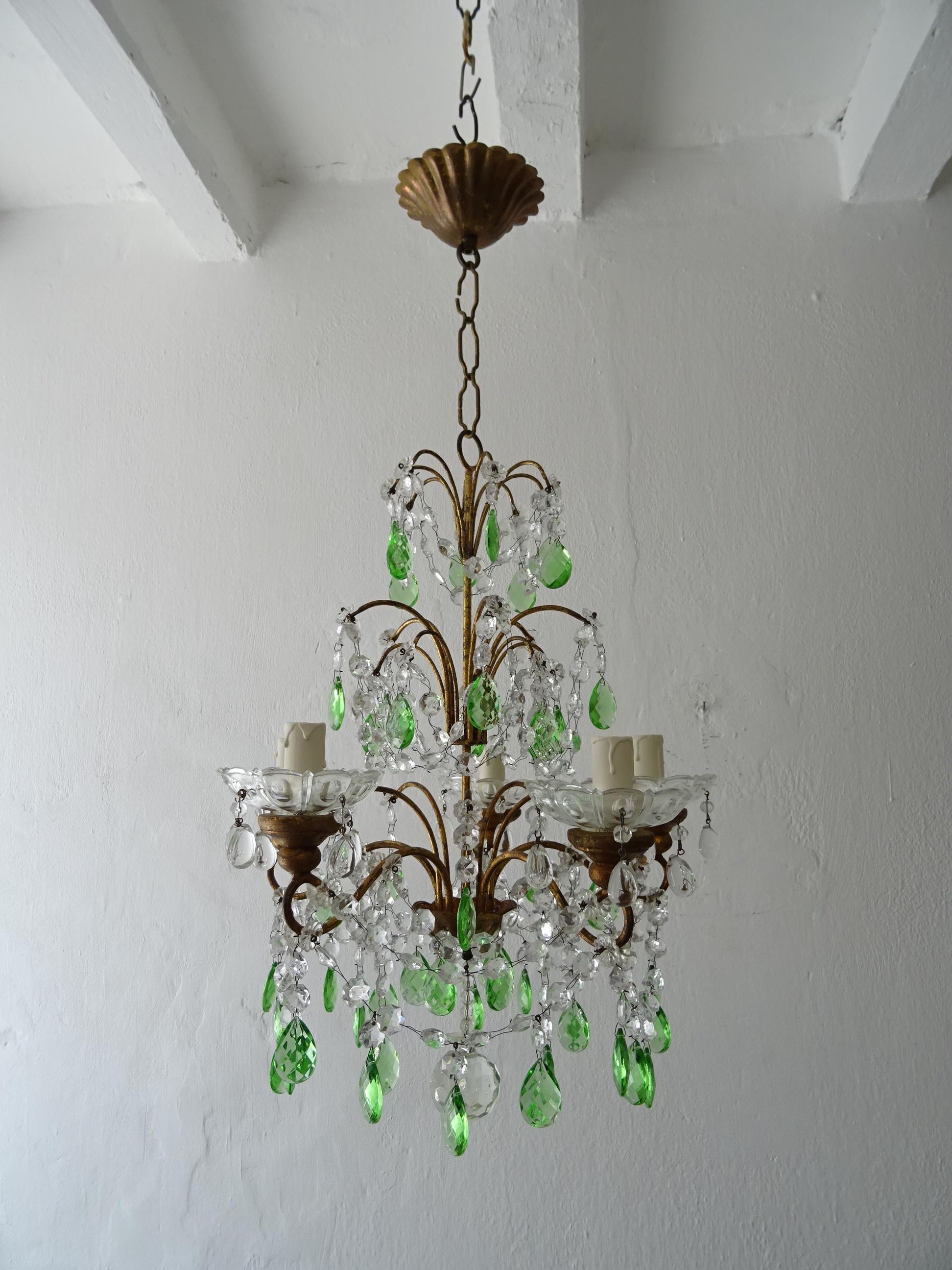 Italian Green Crystal Prisms Gold Gilt Wood Swags 4 Tier Chandelier, circa 1900 For Sale 2