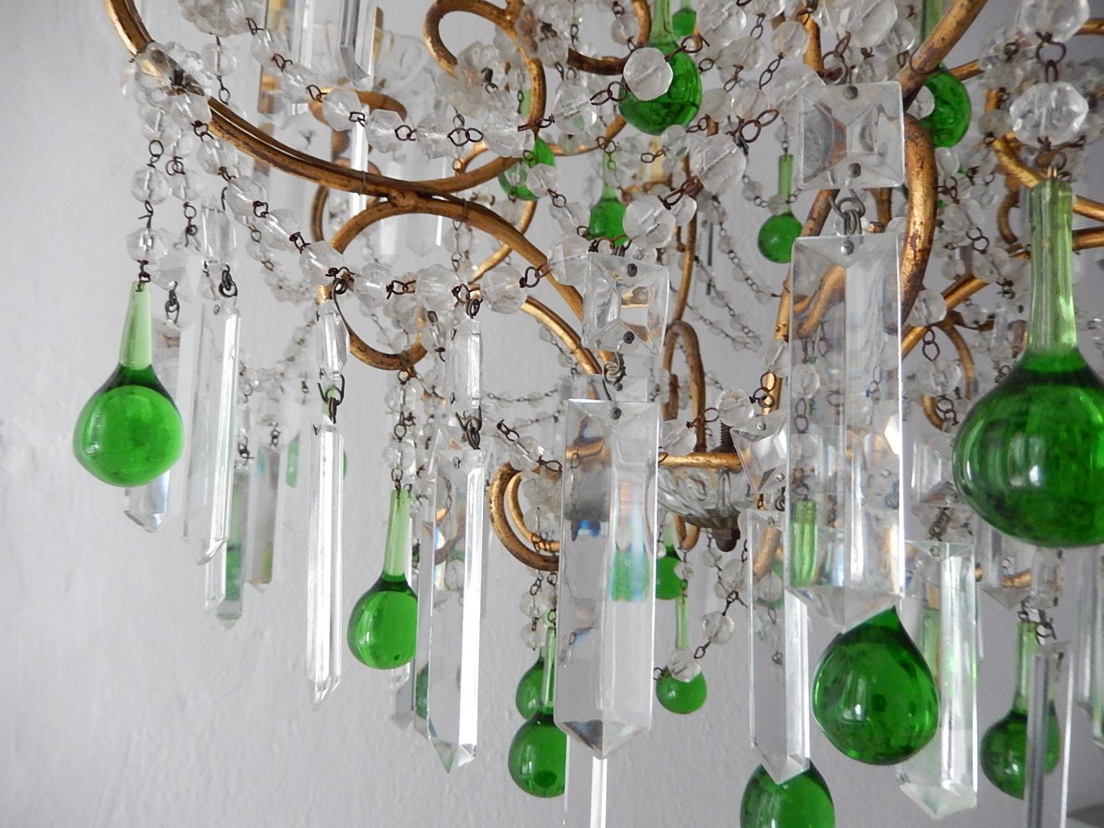 Rococo Italian Green Drops Macaroni Swags Rock Crystal Chandelier, circa 1900 For Sale