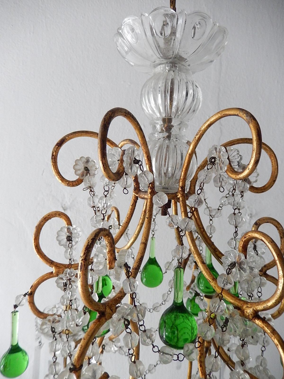 Early 20th Century Italian Green Drops Macaroni Swags Rock Crystal Chandelier, circa 1900 For Sale