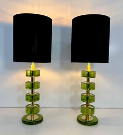 Italian Green Emerald Murano Glass Discs and Brass Lamps with Black Lampshades