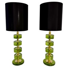 Italian Green Emerald Murano Glass Discs and Brass Lamps with Black Lampshades