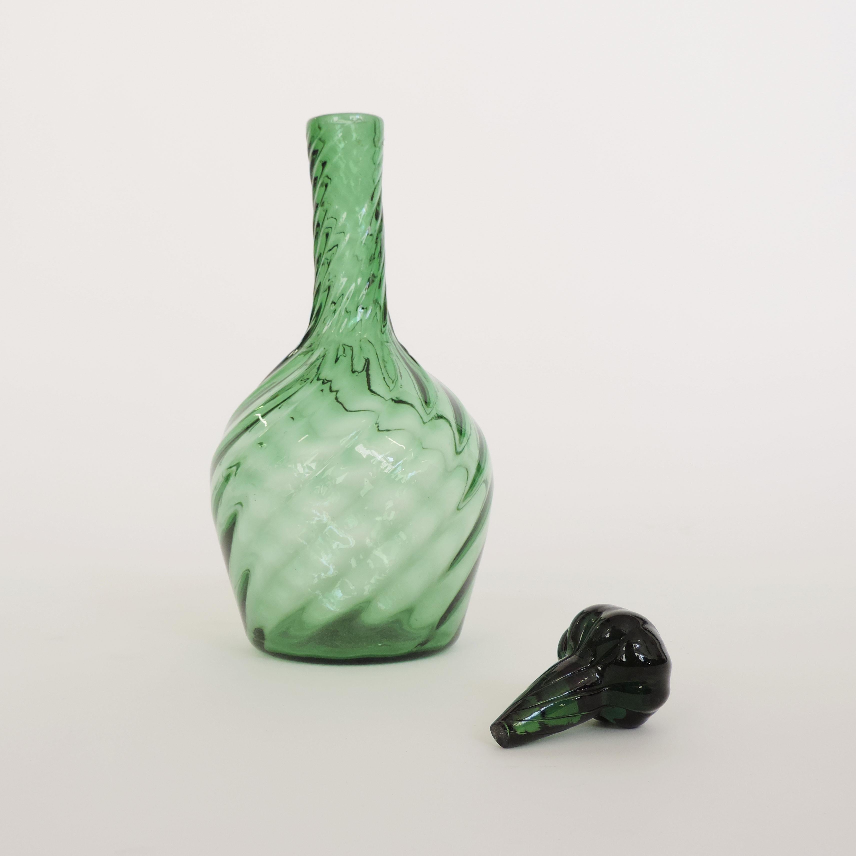Italian green Empoli swirl glass decanter and stopper.