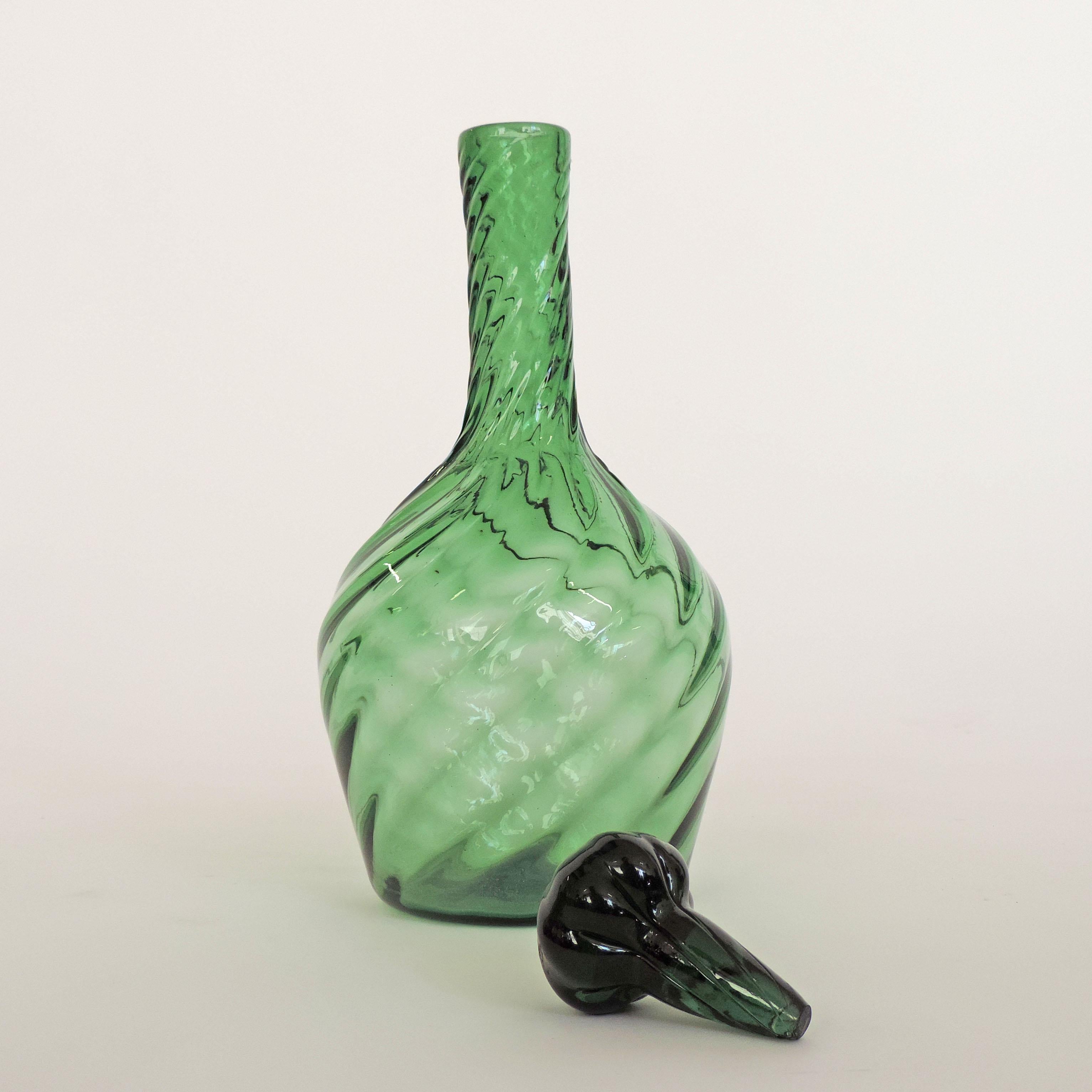 Mid-Century Modern Italian Green Empoli Swirl Glass Decanter and Stopper