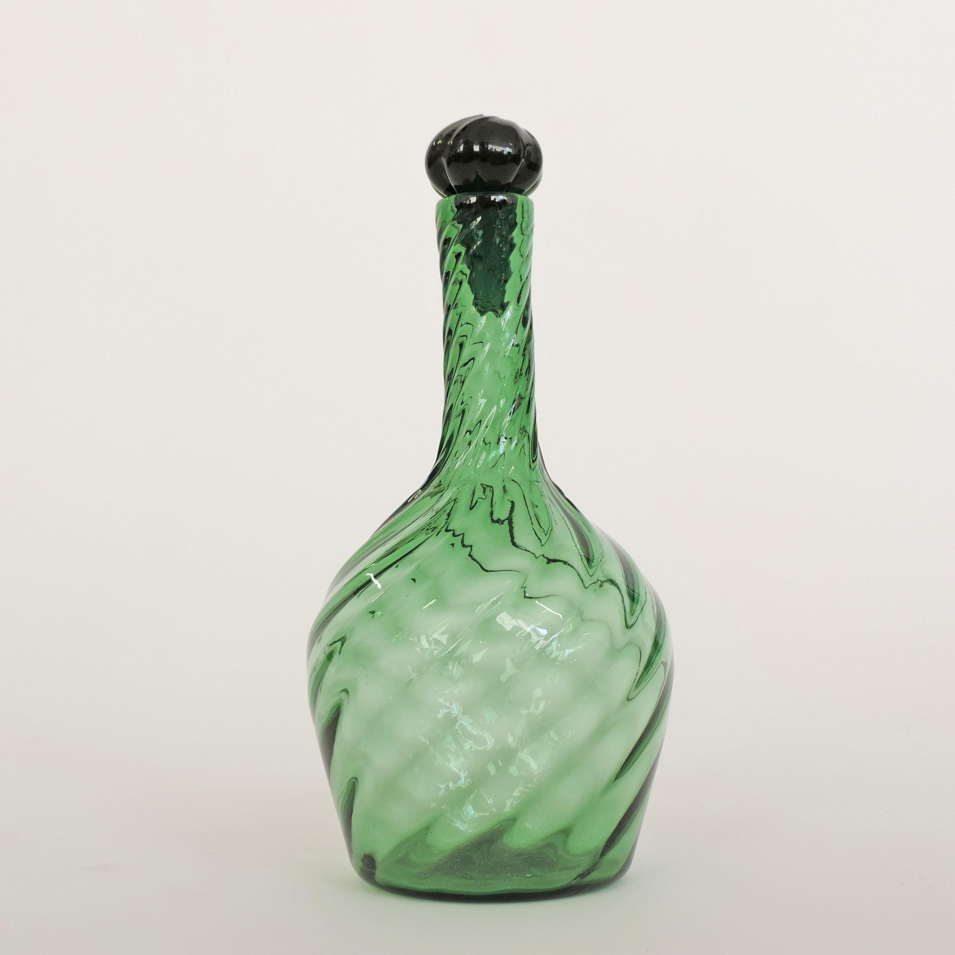Mid-20th Century Italian Green Empoli Swirl Glass Decanter and Stopper
