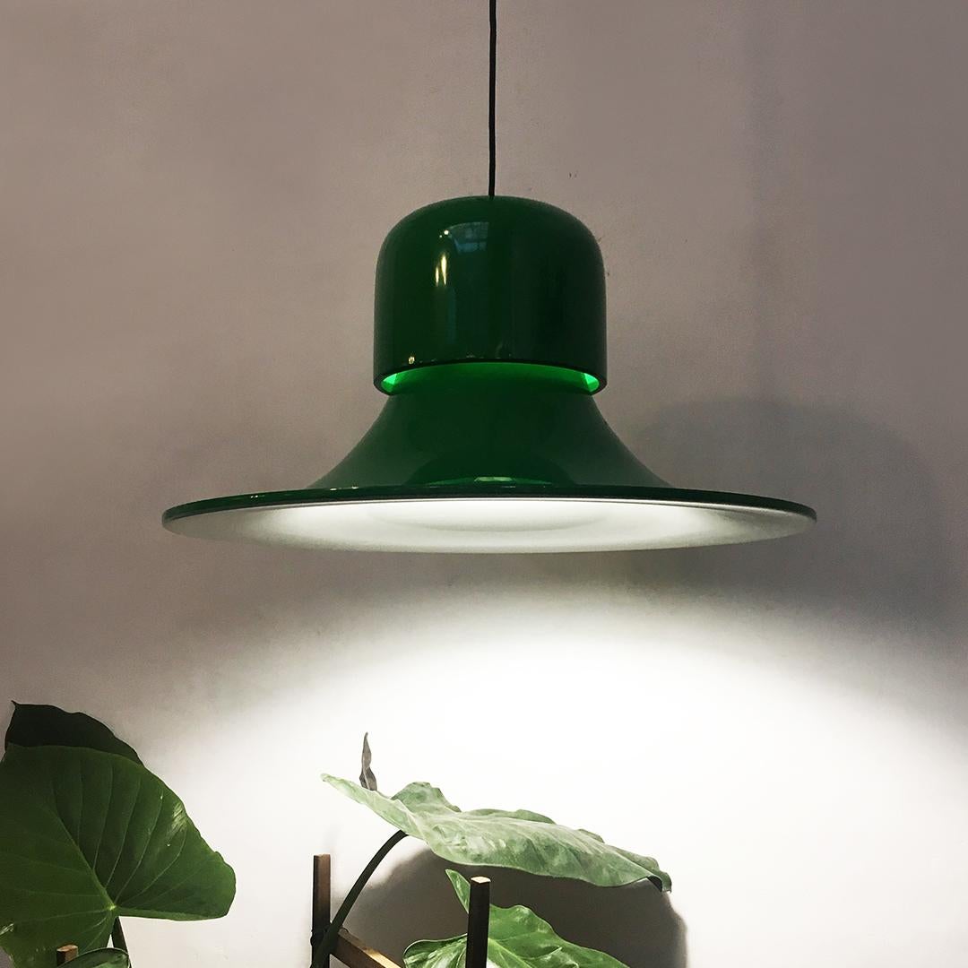 Mid-Century Modern Italian Green Enameled Hat Chandelier by Joe Colombo for Stilnovo, 1974