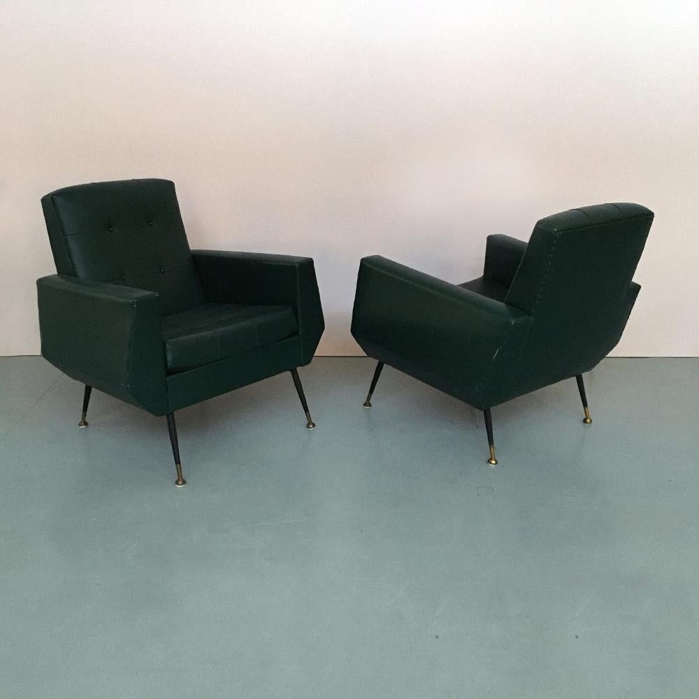 Italian Green Faux Leather and Metal Set of Sofa Bed and Two Armchairs, 1950s 4