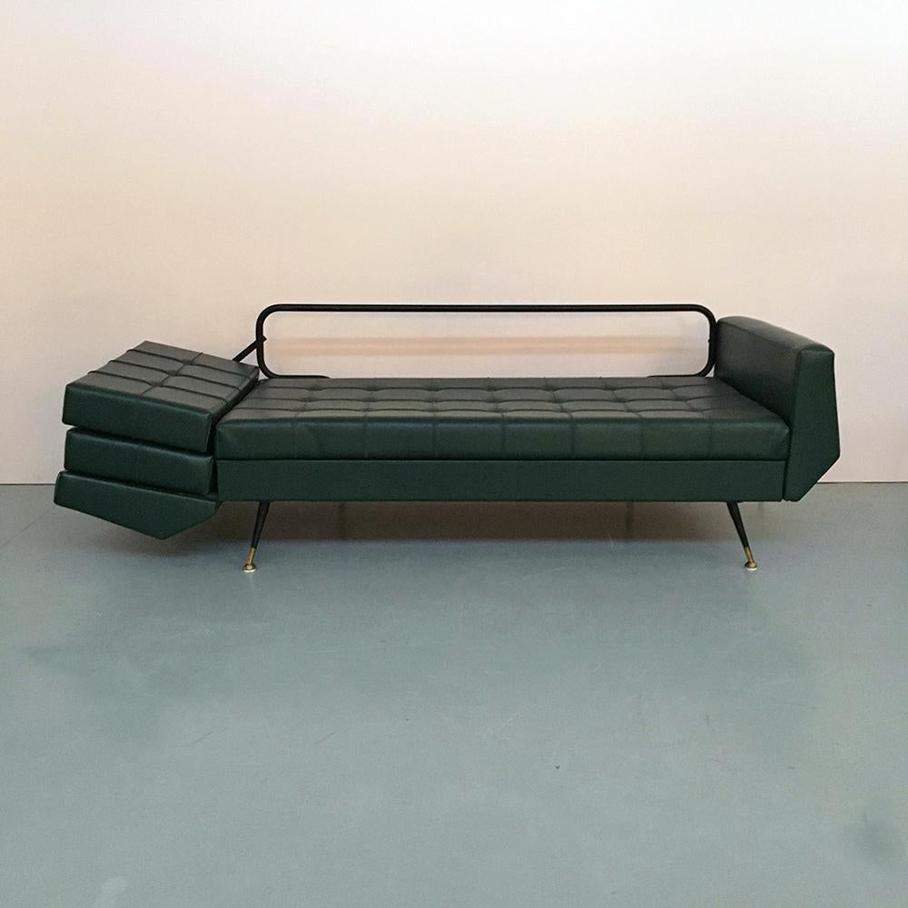 Mid-Century Modern Italian Green Faux Leather and Metal Set of Sofa Bed and Two Armchairs, 1950s