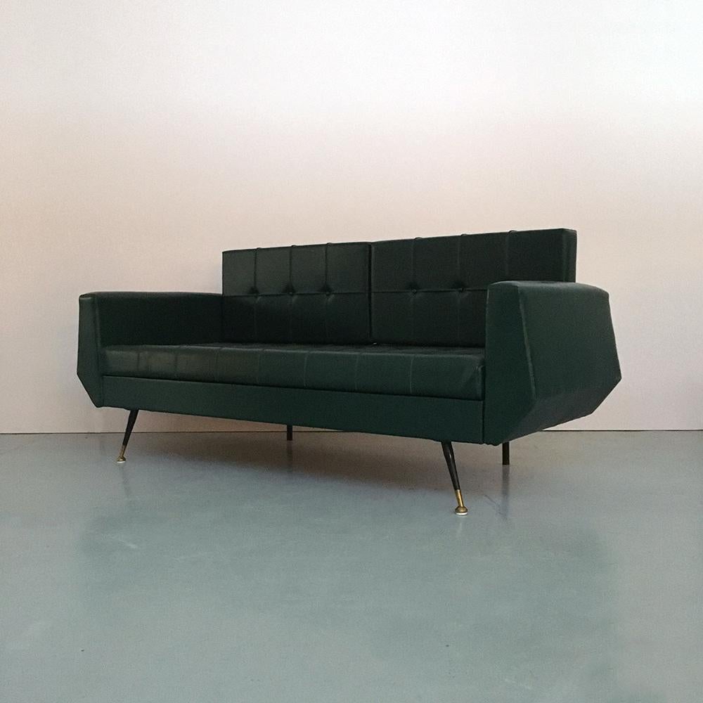 Italian Green Faux Leather and Metal Set of Sofa Bed and Two Armchairs, 1950s In Good Condition In MIlano, IT