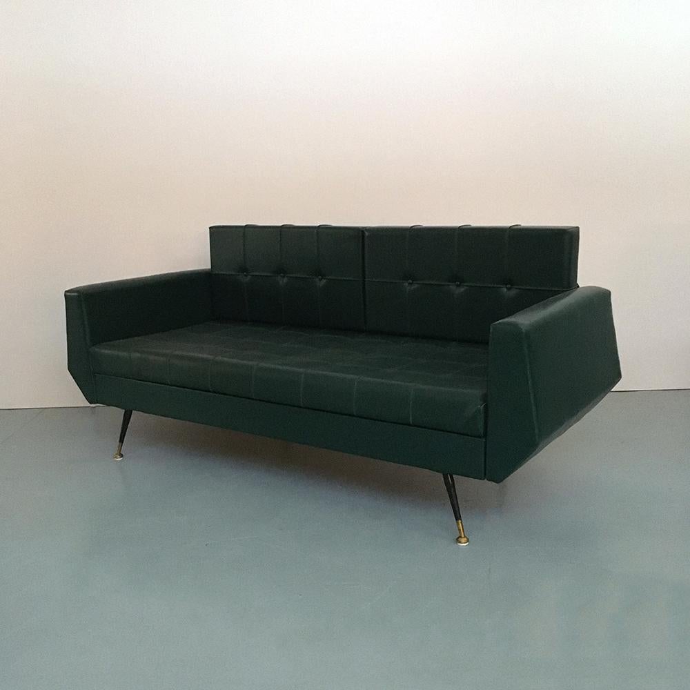 Mid-20th Century Italian Green Faux Leather and Metal Set of Sofa Bed and Two Armchairs, 1950s